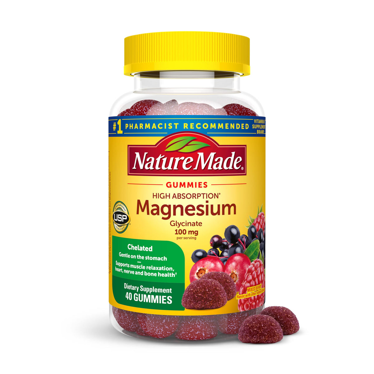 Gomitas Nature Made Magnesio glicinato, botella de 40 unidades para apoyo diario