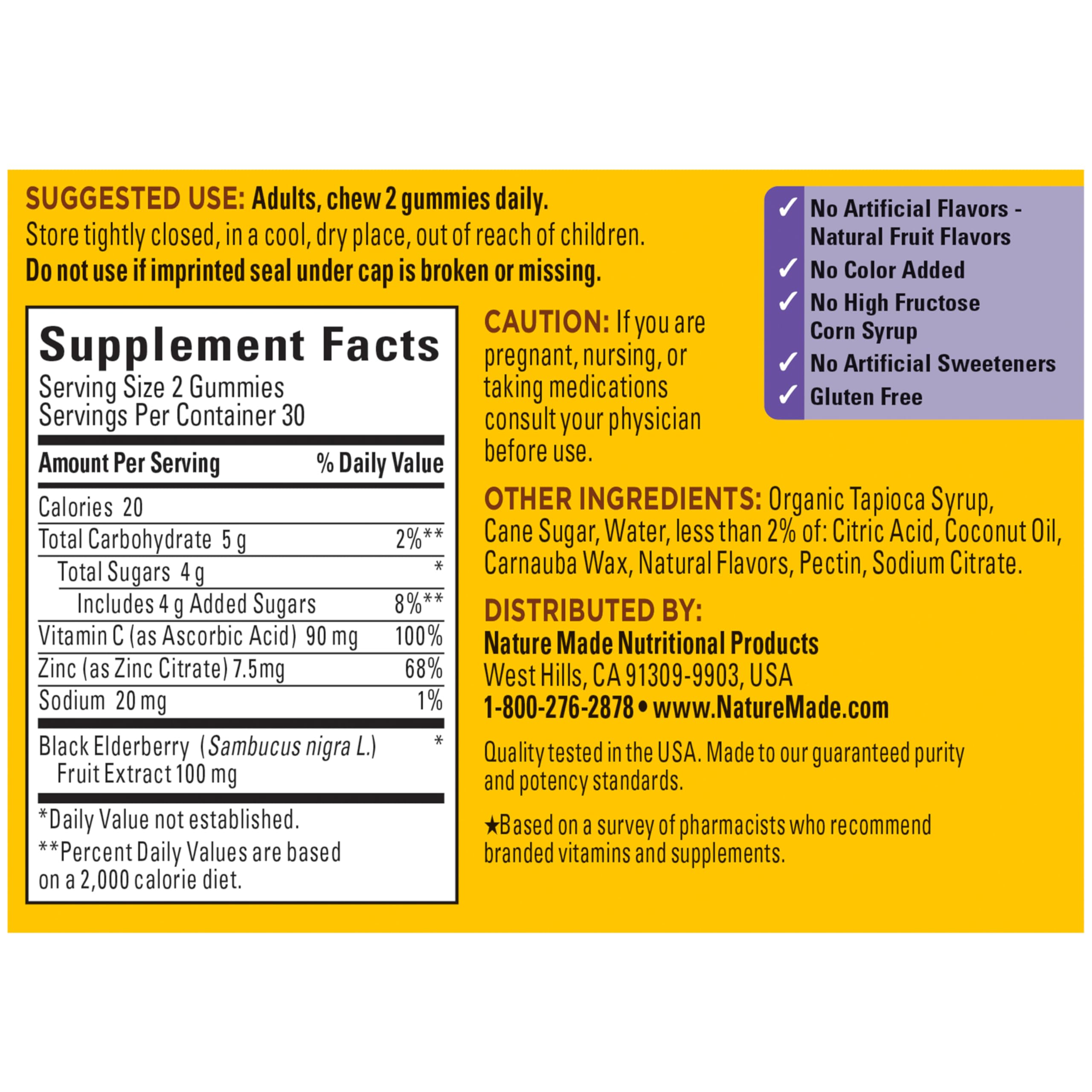 Detalle de empaque Nature Made, diseño claro que destaca la fórmula con vitamina C y zinc.