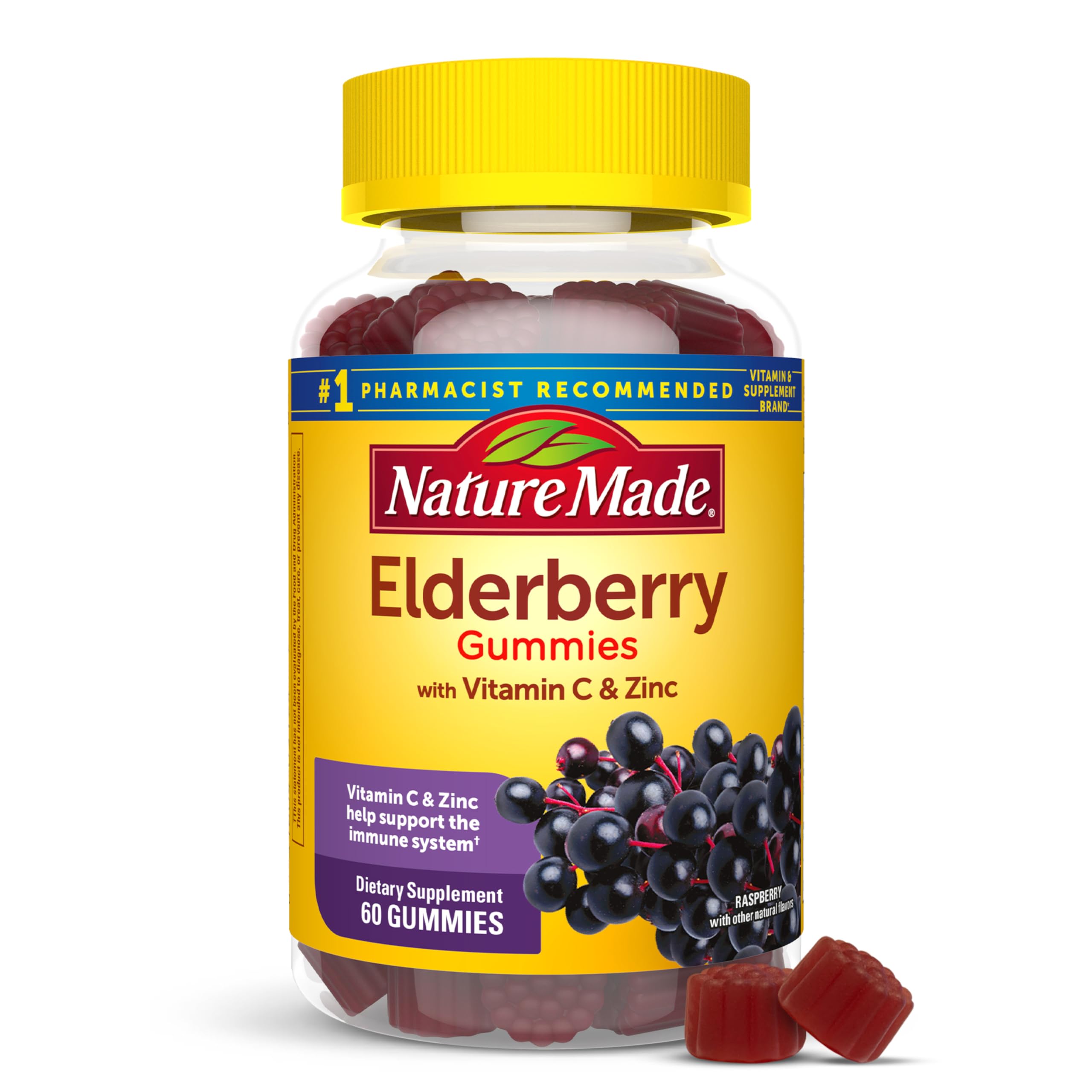 Gomitas Nature Made de sauco negro con Vitamina C y Zinc en botella para uso diario.
