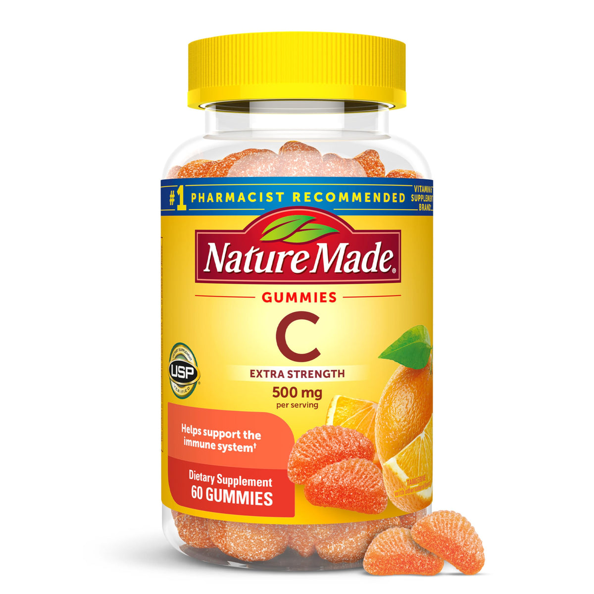 Gomitas Nature Made Vitamina C 500 mg, botella visible, apoyo a la inmunidad.
