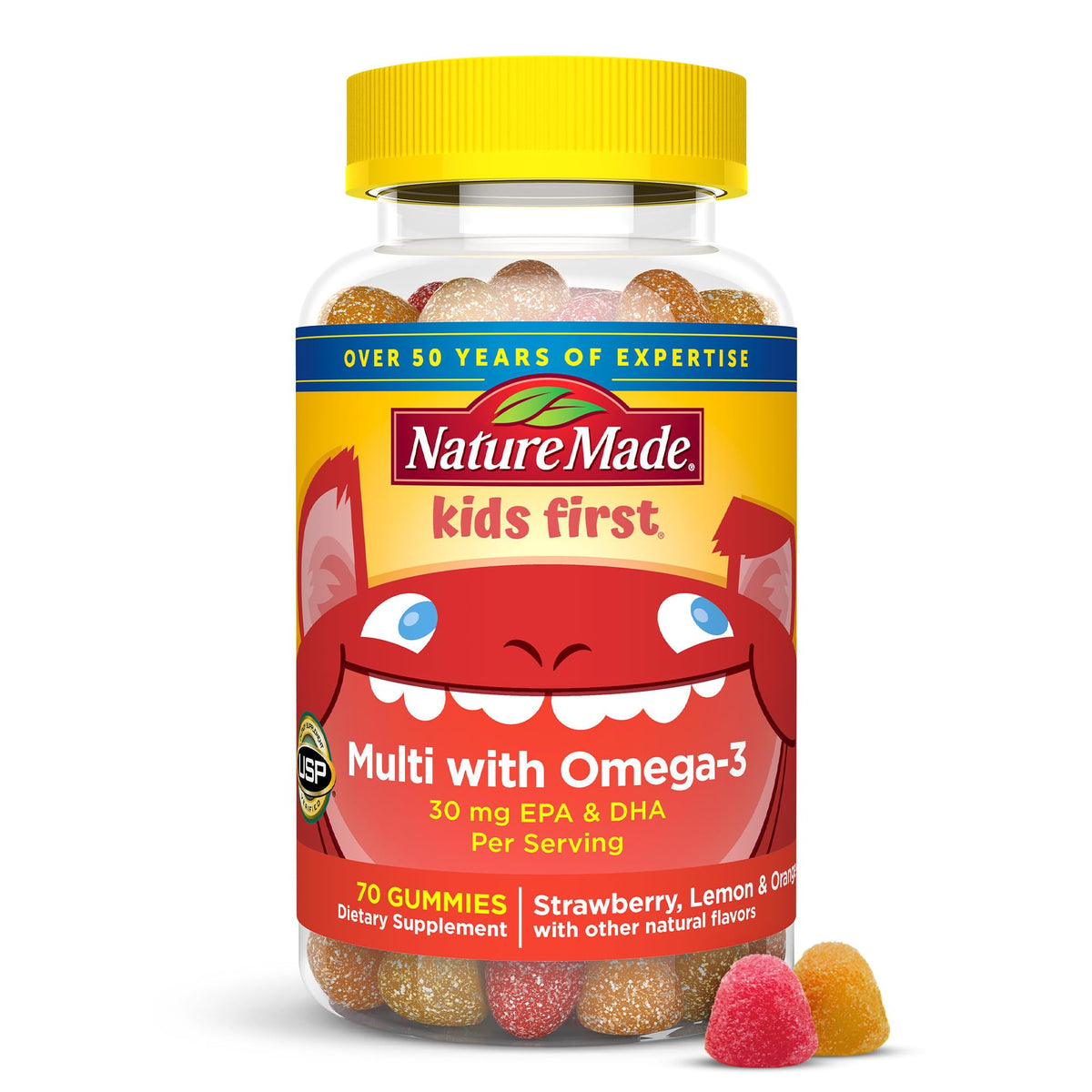 Nature Made Kids First Omega-3 gominolas en botella, apoyo nutricional diario para niños activos.