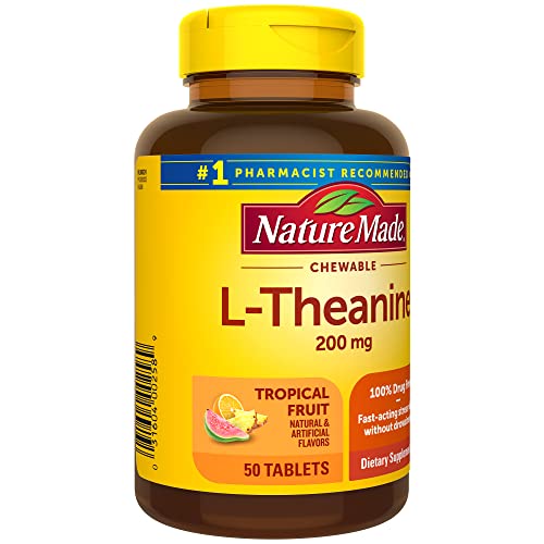 Empaque compacto Nature Made L-Theanine 200mg, fácil de llevar.