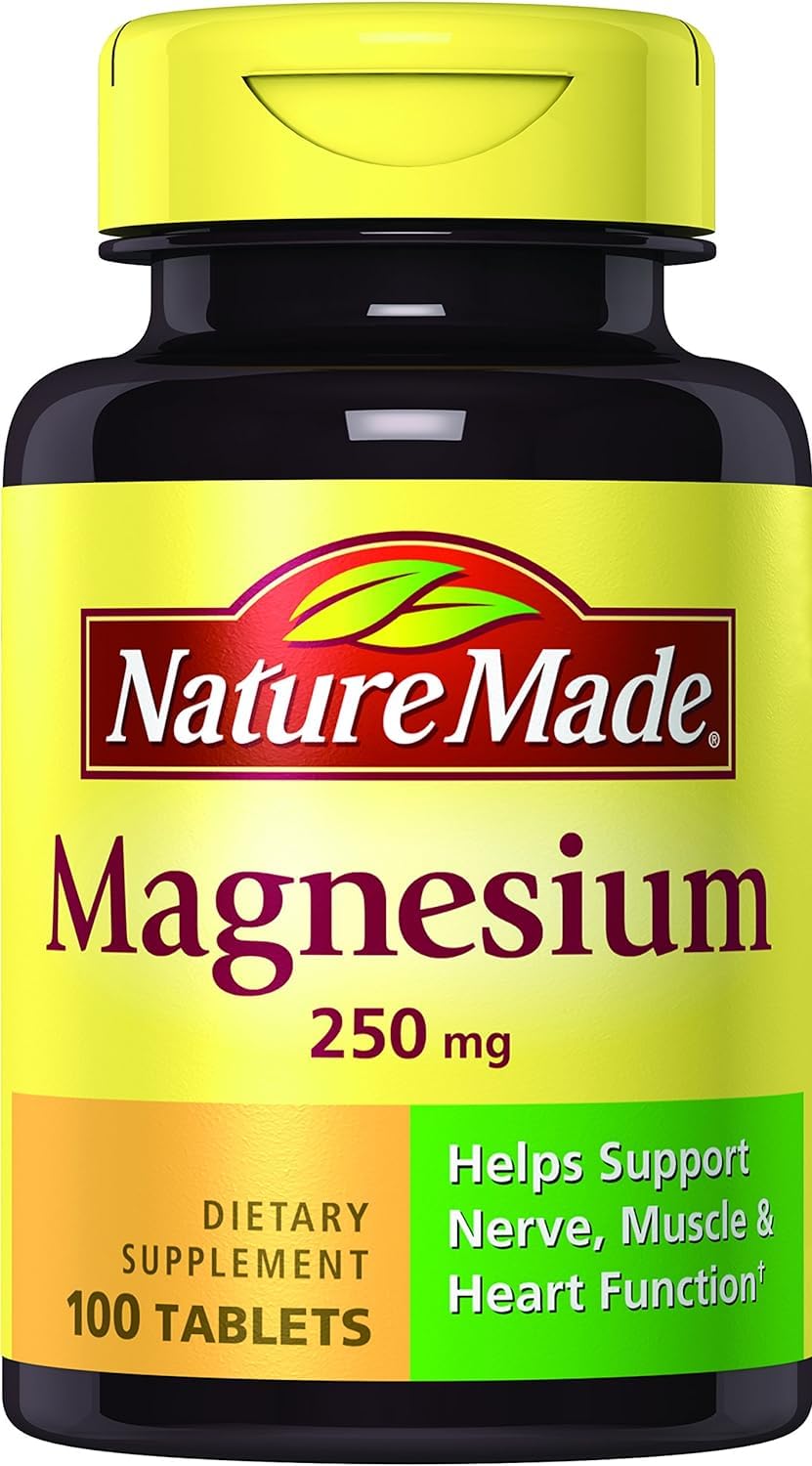 Nature Made Magnesio 250 mg, 100 tabletas: empaque y tabletas para apoyo de músculos y nervios.