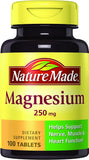 Nature Made Magnesio 250 mg, 100 tabletas: empaque y tabletas para apoyo de músculos y nervios.