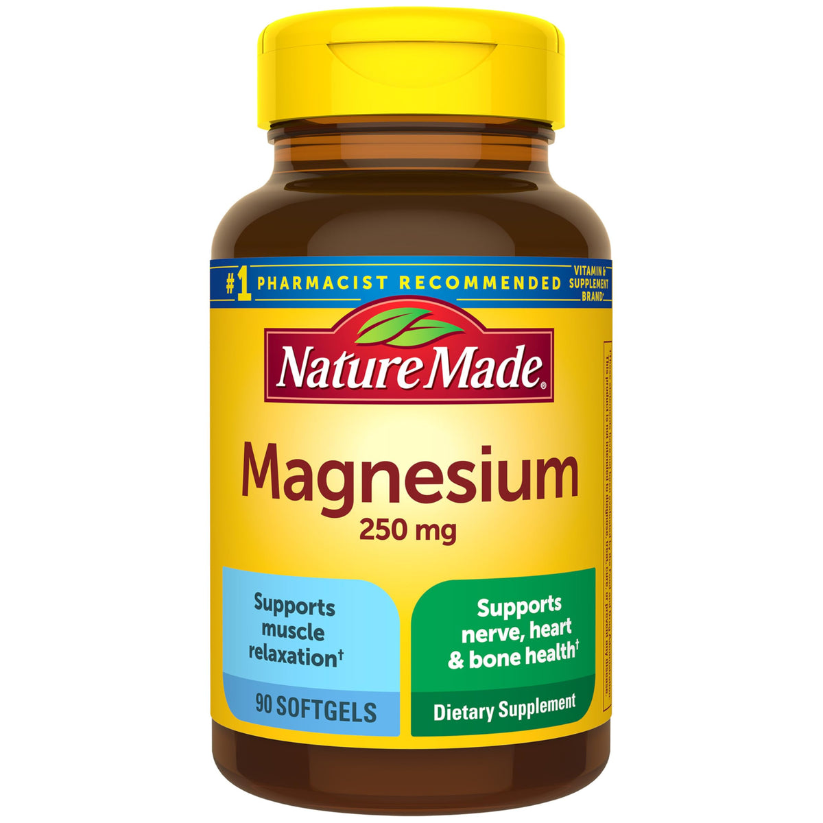 Nature Made Magnesio 250 mg, botella con cápsulas blandas para músculos.