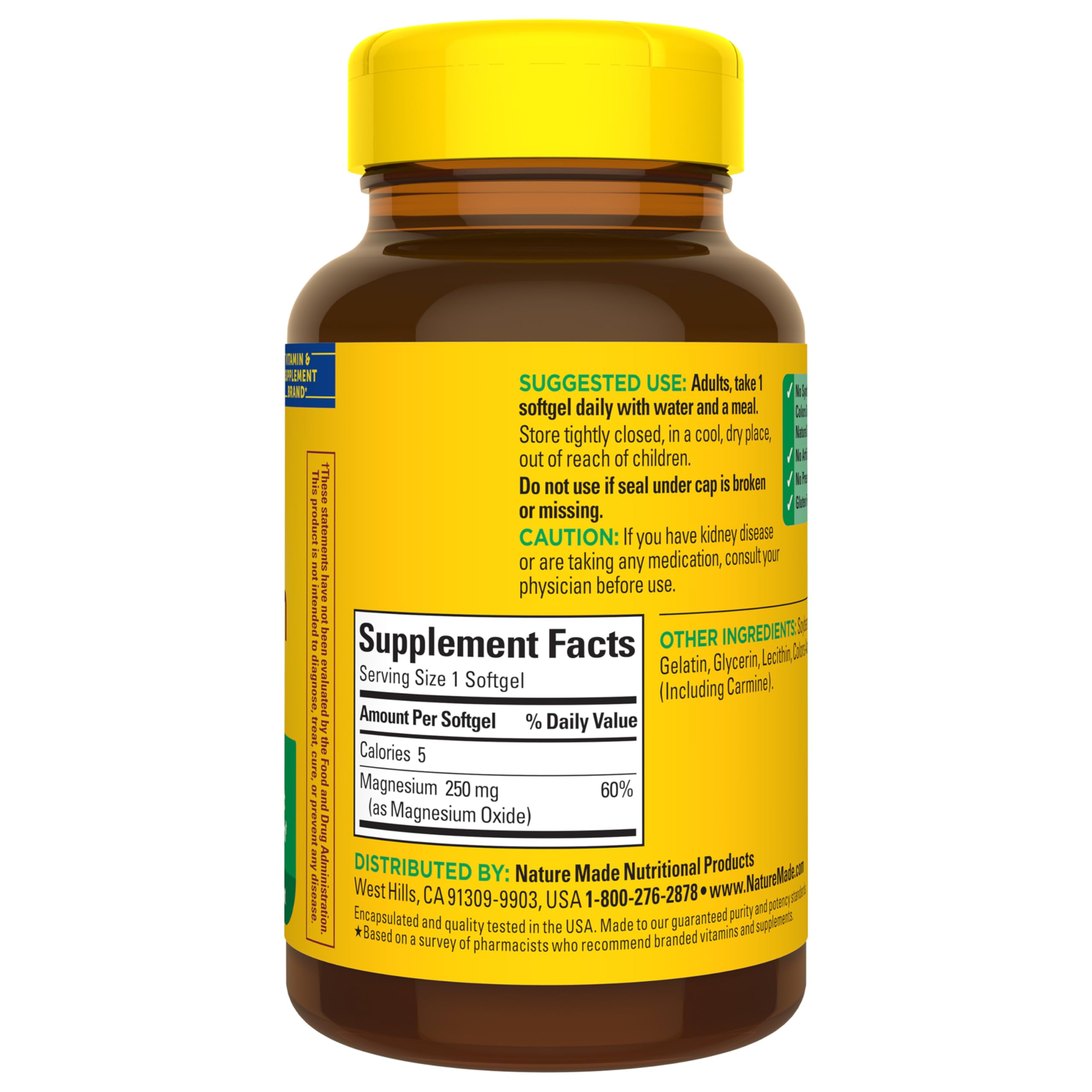 Nature Made Magnesio 250 mg, uso diario para apoyo nervioso y muscular.