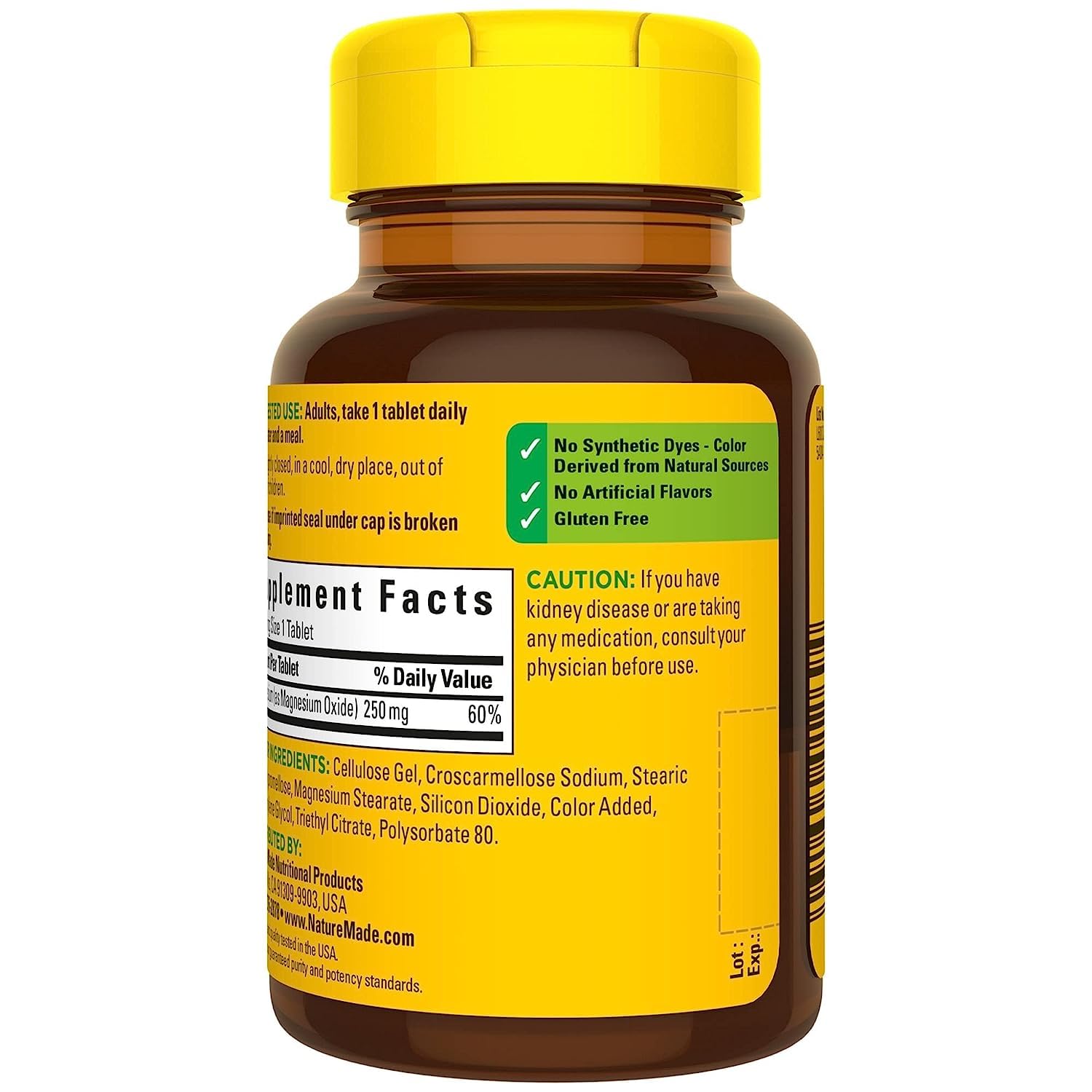 Nature Made Magnesio 250 mg, etiqueta, útil para uso diario sin conservantes.