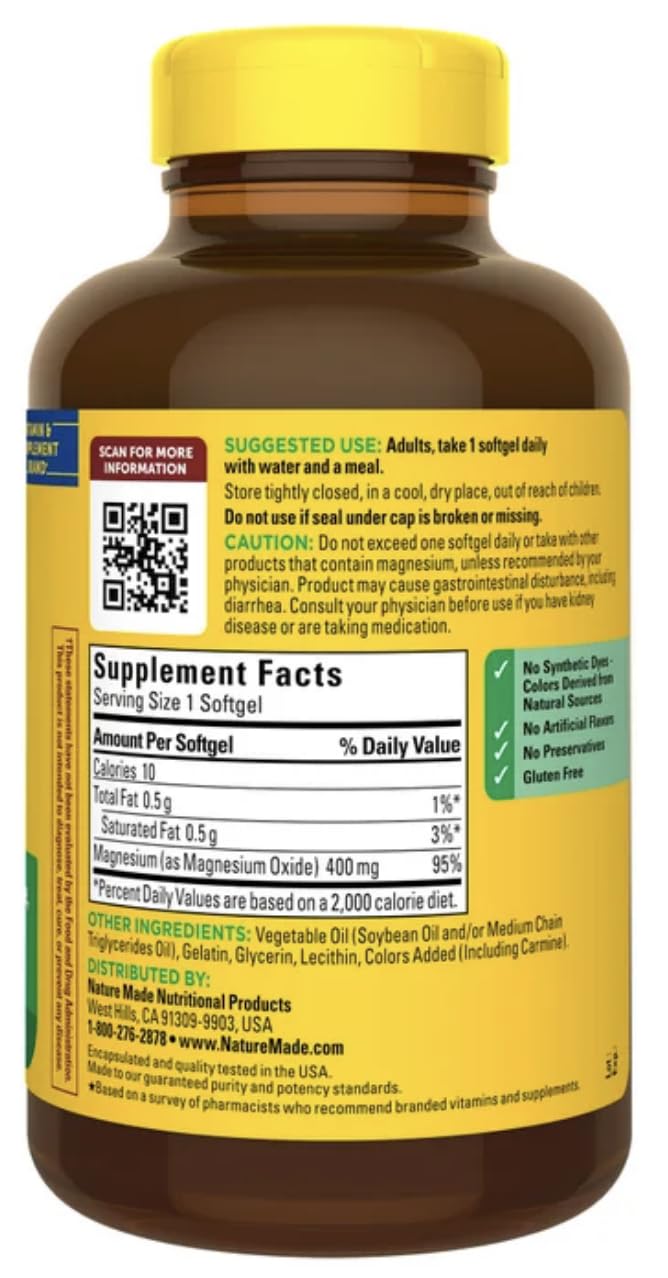 Nature Made Magnesio 400 mg, etiqueta clara, soporte diario para energía y función muscular.
