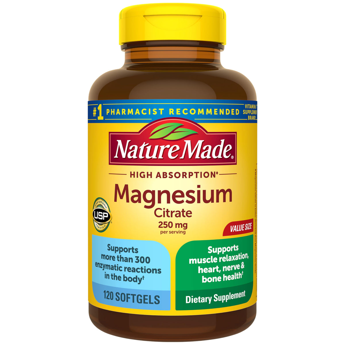 Nature Made Magnesio Citrato 250 mg, frente de la botella, apoyo a la relajación muscular