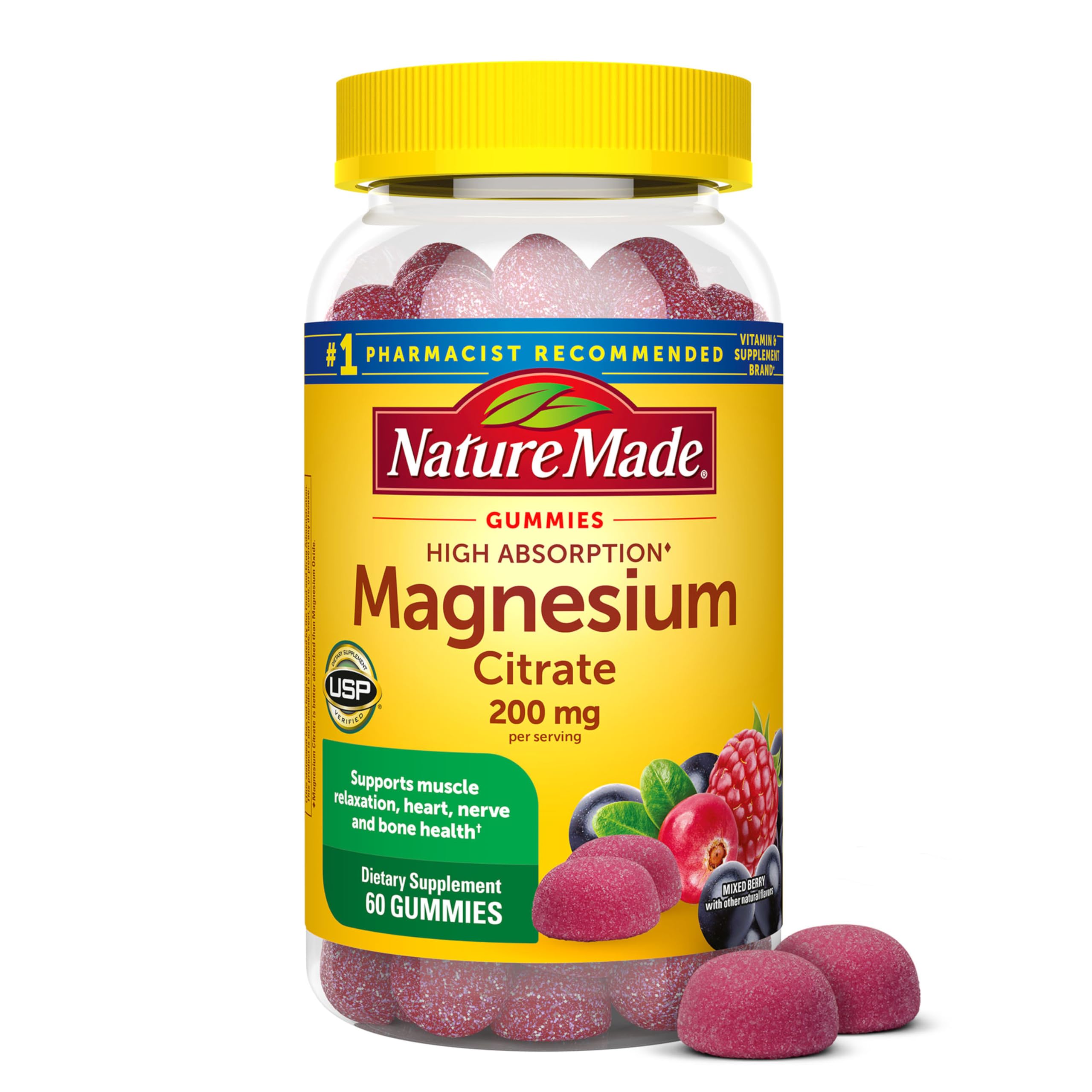 Nature Made Magnesio Citrato de alta absorción, envase visible para apoyo muscular diario.