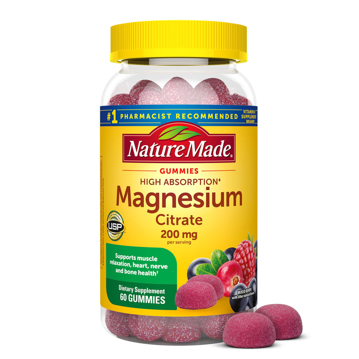 Nature Made Magnesio Citrato de alta absorción, envase visible para apoyo muscular diario.