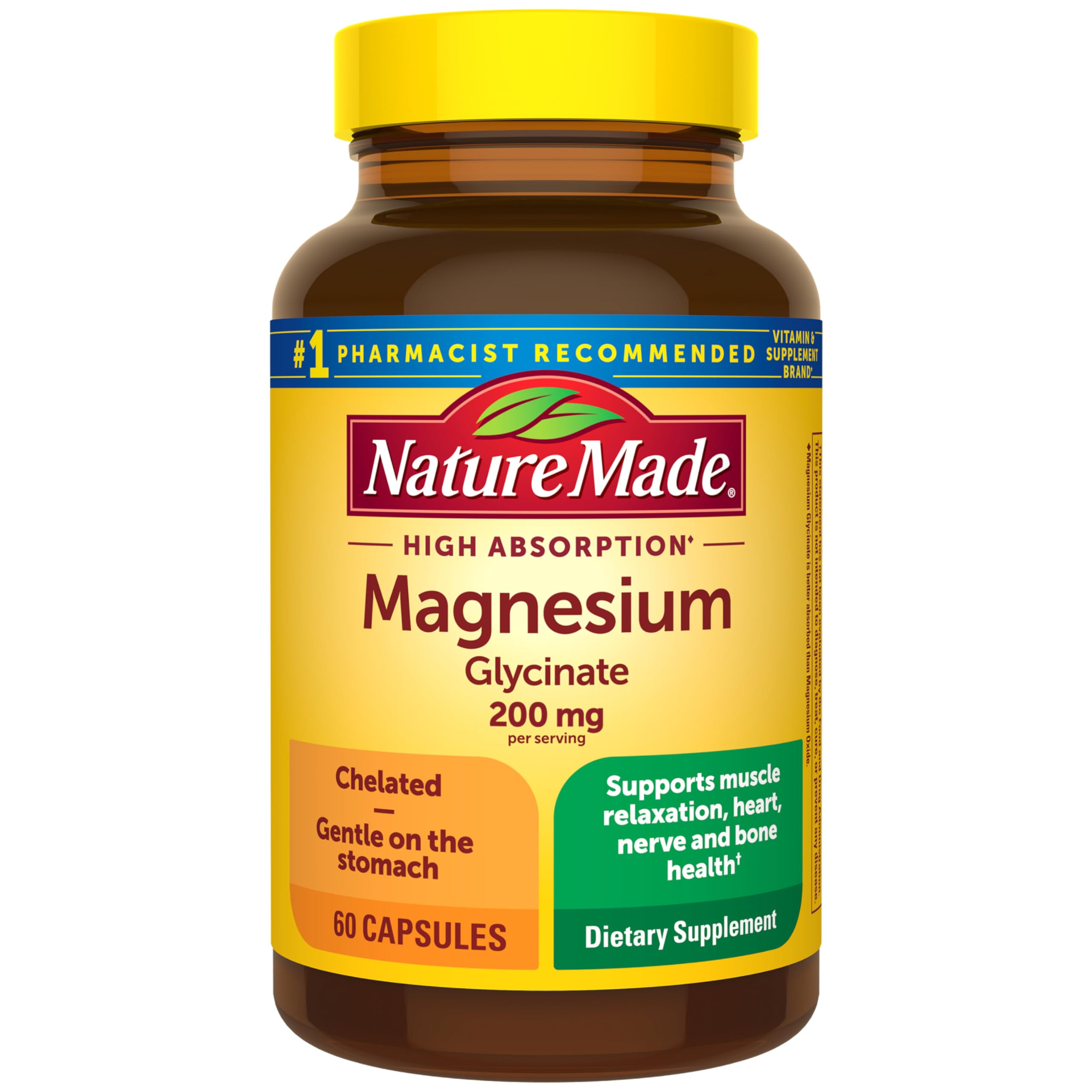 Nature Made Magnesio Glicinato 200 mg, botella, apoyo a músculos y huesos saludables.