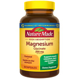 Nature Made Magnesio Glicinato 200 mg, botella, apoyo a músculos y huesos saludables.