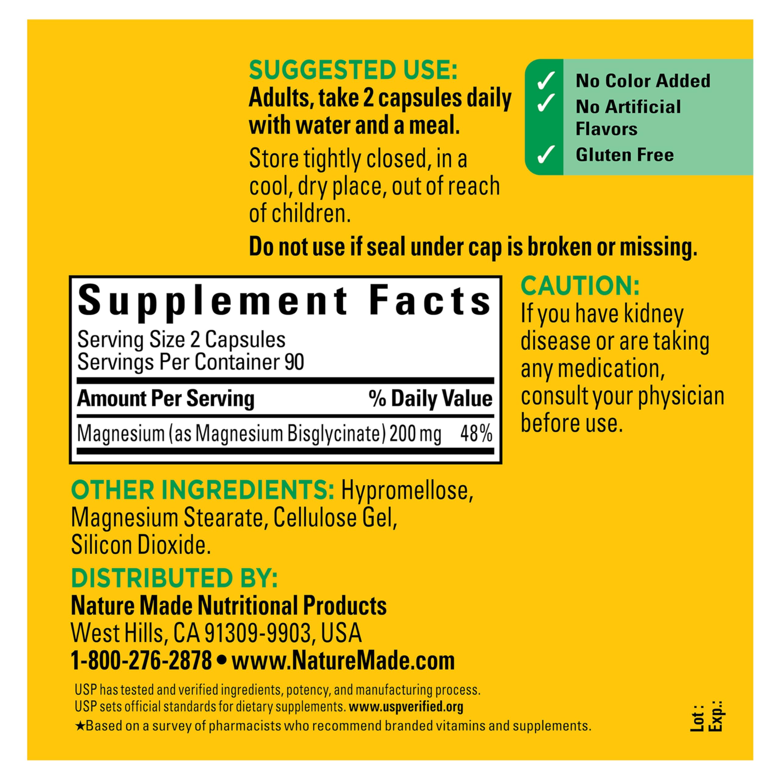 Nature Made Magnesium Glycinate 200 mg, soporte para relajación y función nerviosa.