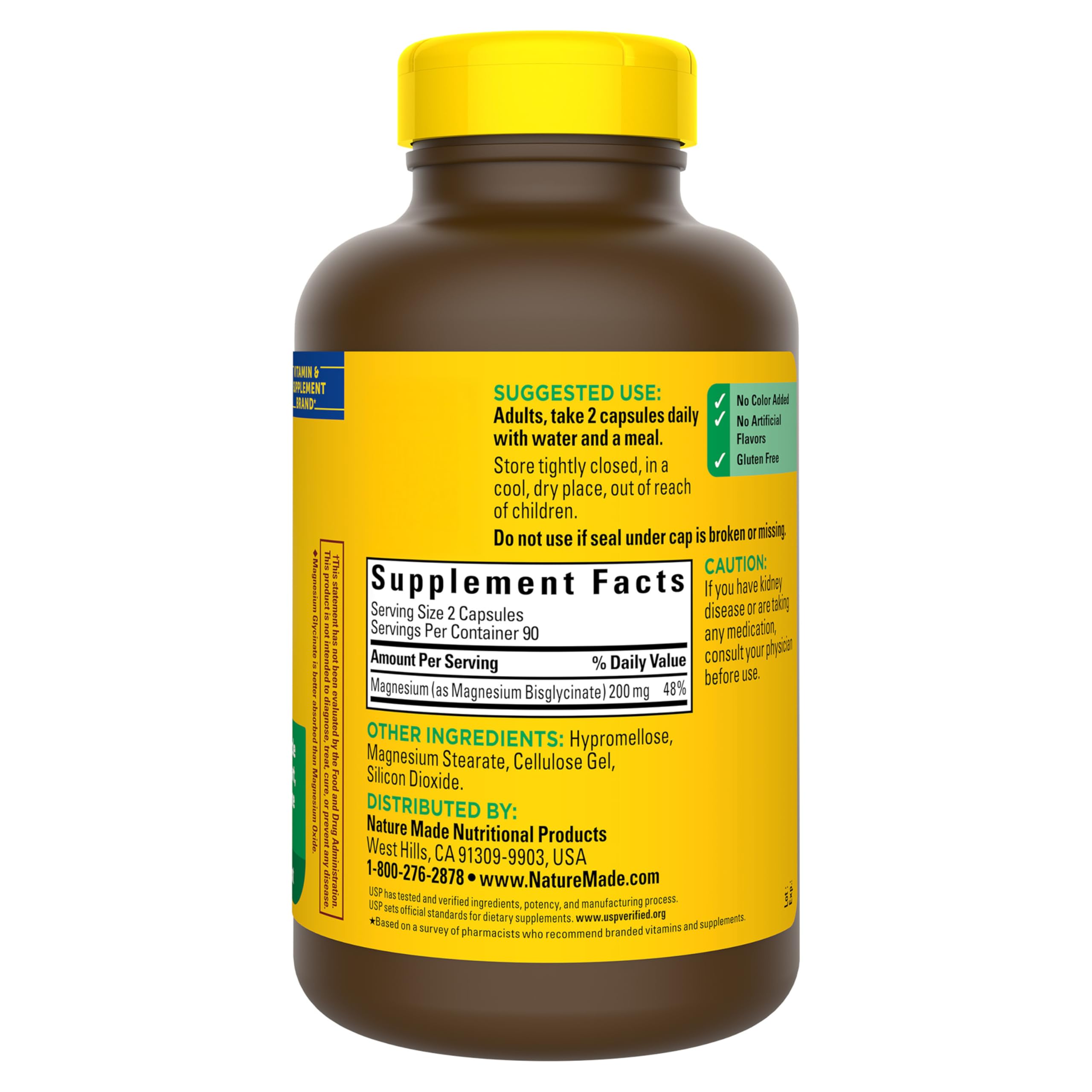 Nature Made Magnesium Glycinate 200 mg, envase de 180 cápsulas, suministro de tres meses.