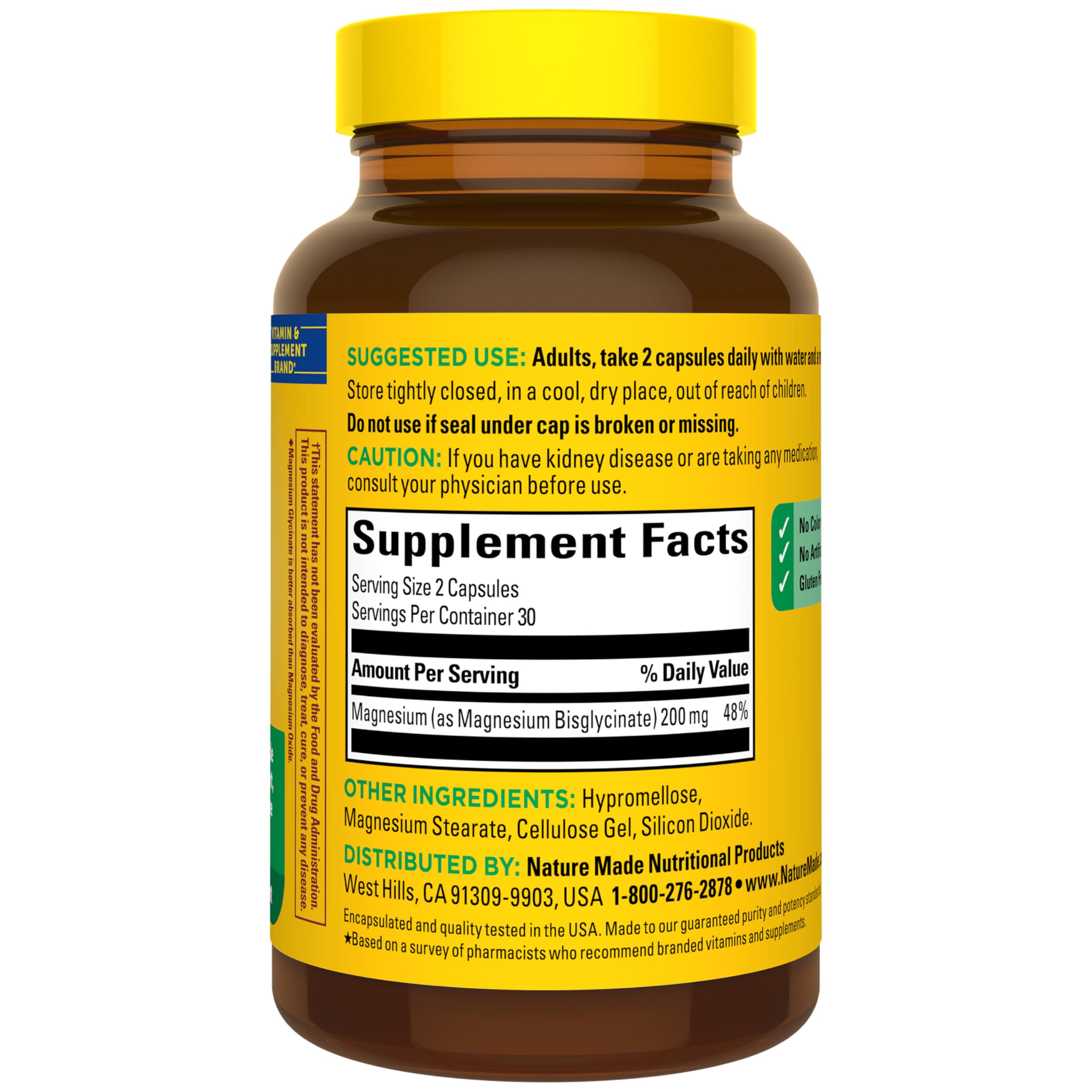Nature Made Magnesio Glicinato 200 mg, fácil de tomar con comida y agua.