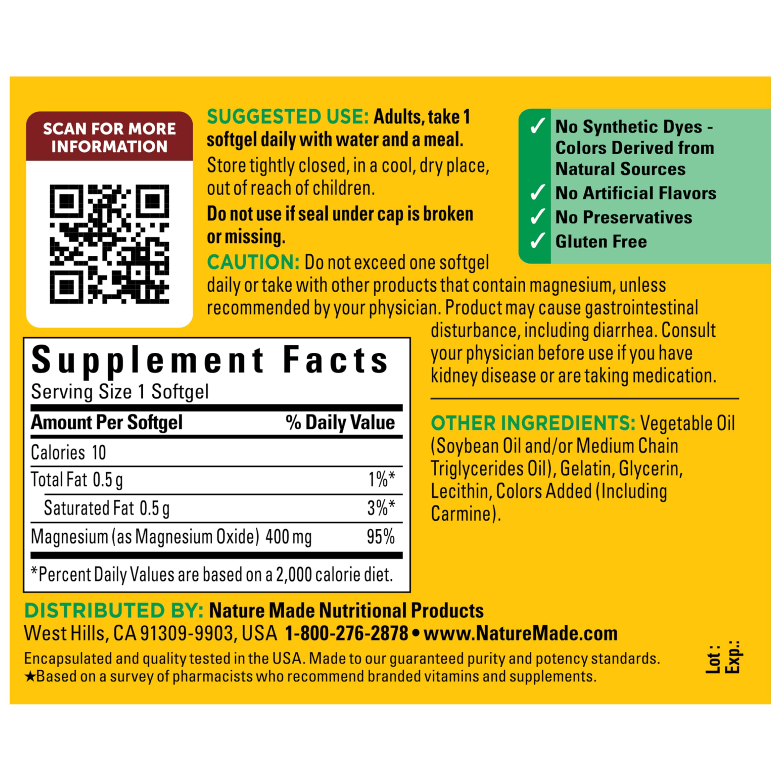 Empaque de Nature Made Magnesio Óxido 400 mg con etiqueta visible