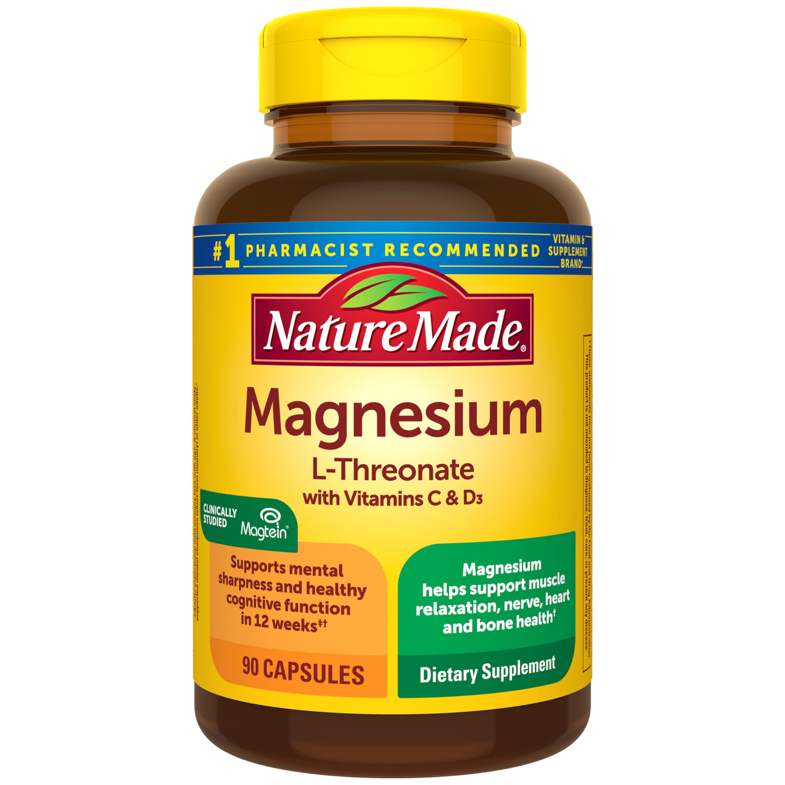 Nature Made Magnesio L-Triptoanato, botella frontal, posible apoyo cognitivo.