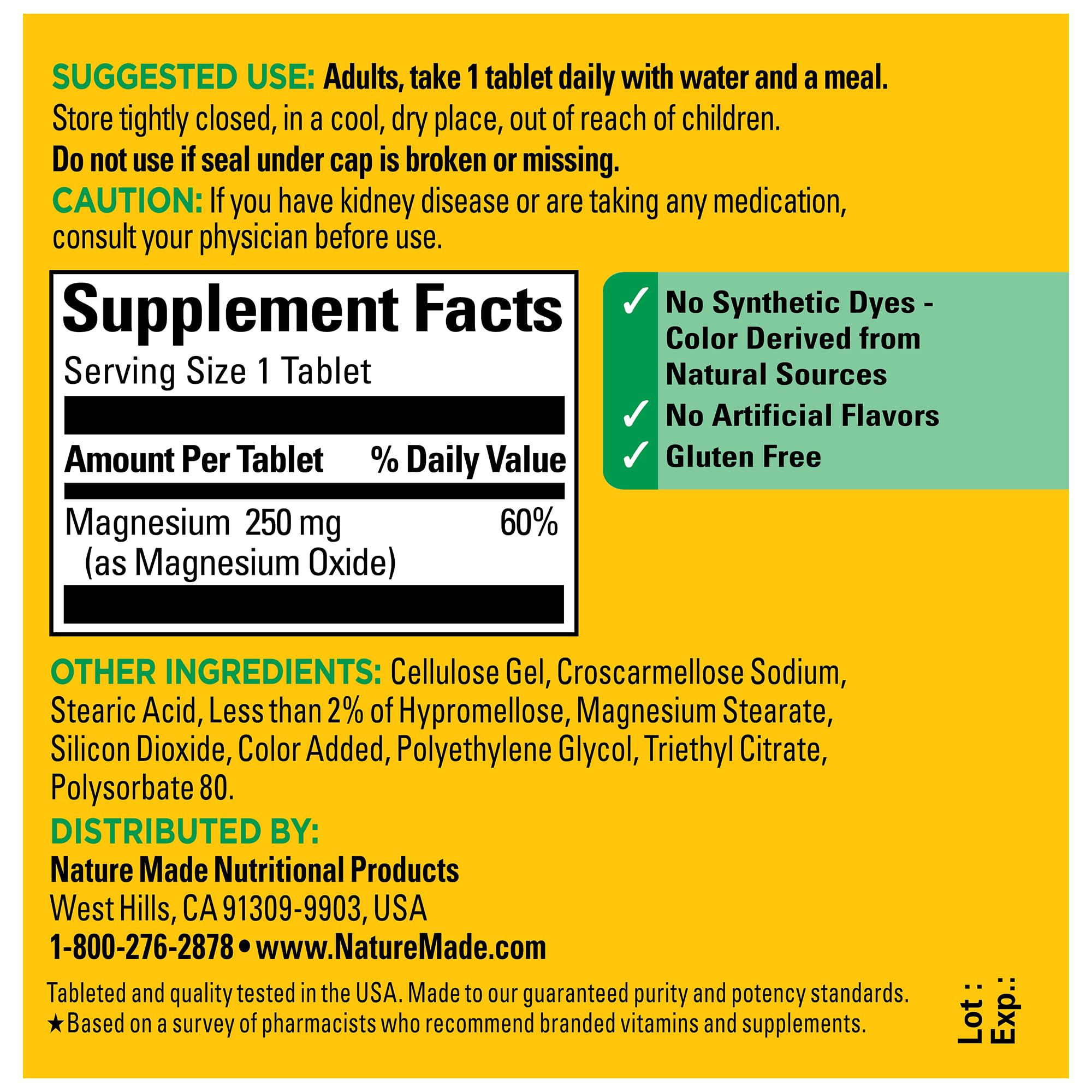 Nature Made Magnesio Óxido 250 mg: envase práctico y fácil de guardar.