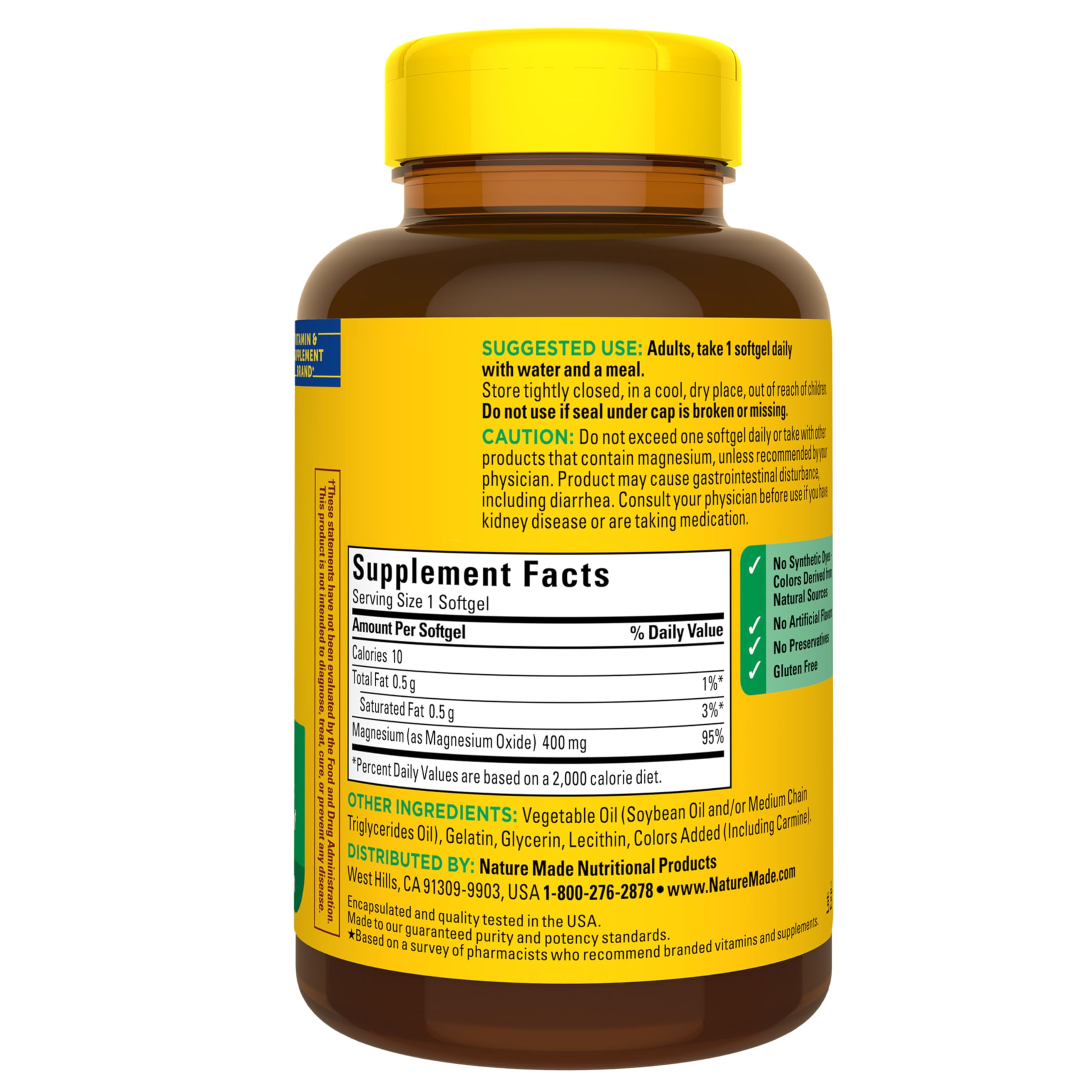 Embalaje de Nature Made Magnesium Oxide 400 mg con 110 días de suministro