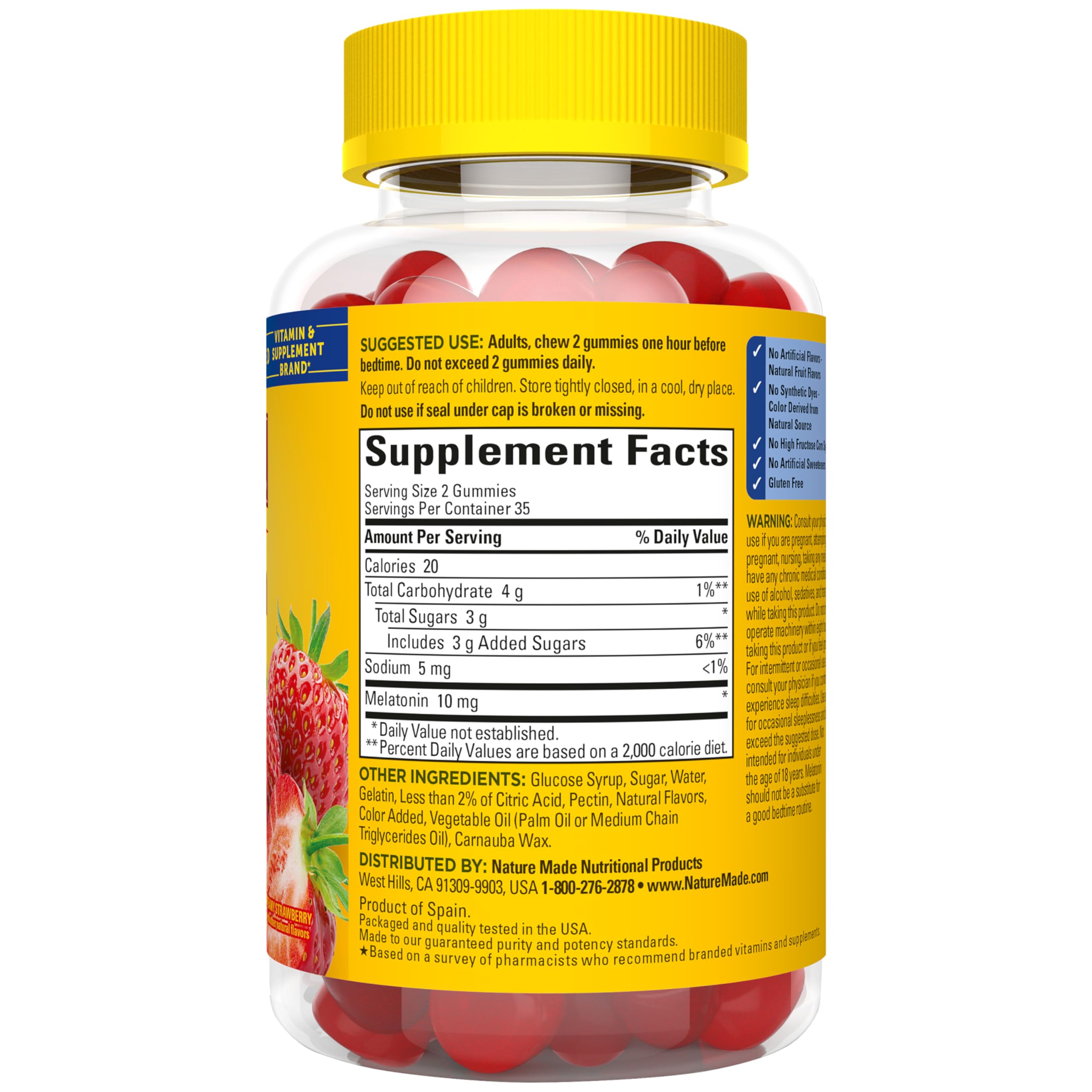 Nature Made Melatonina gomitas 10 mg, textura suave y sabor agradable para ritual nocturno.