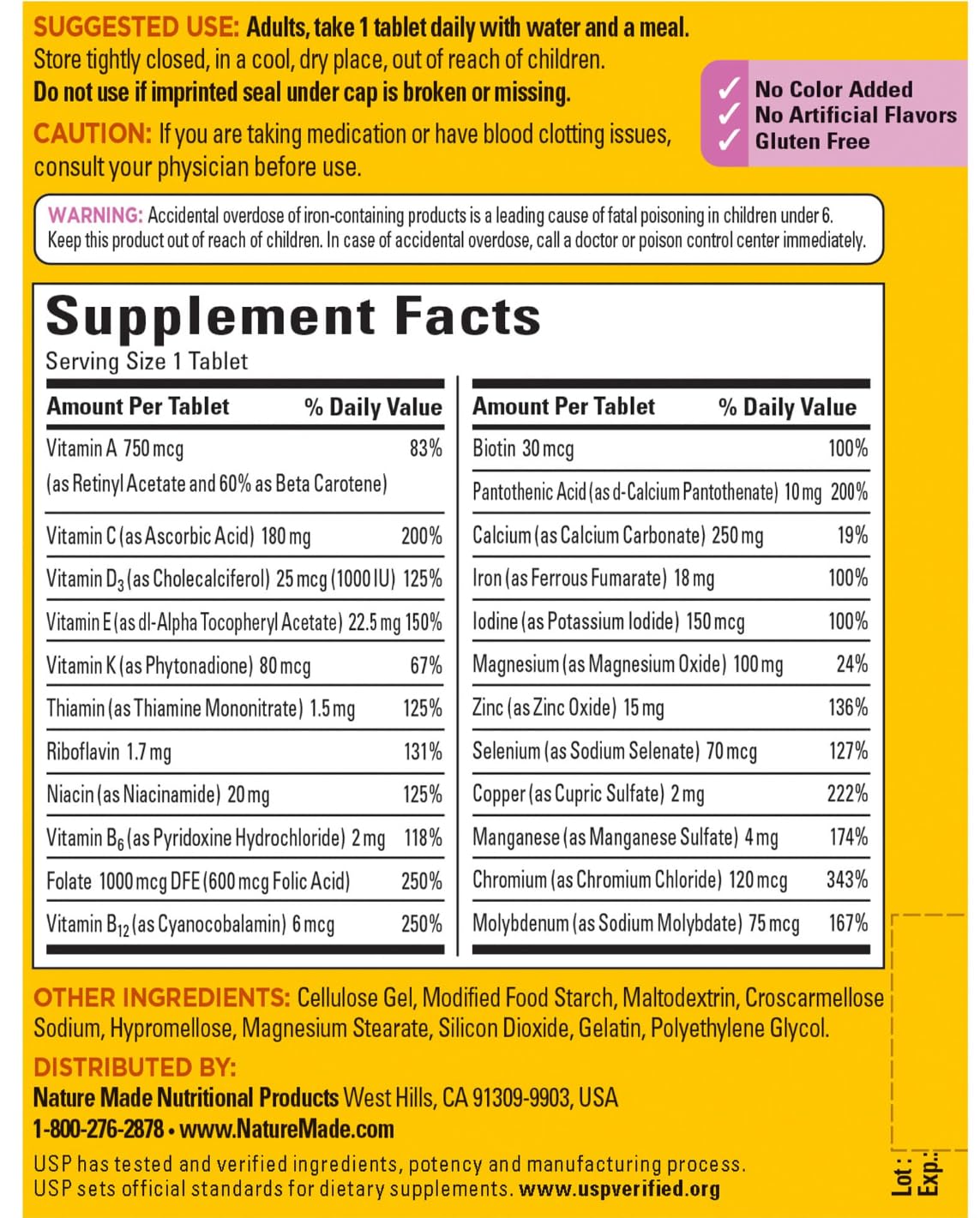 Nature Made Mujeres Multivitaminas: etiqueta clara con nutrientes clave.