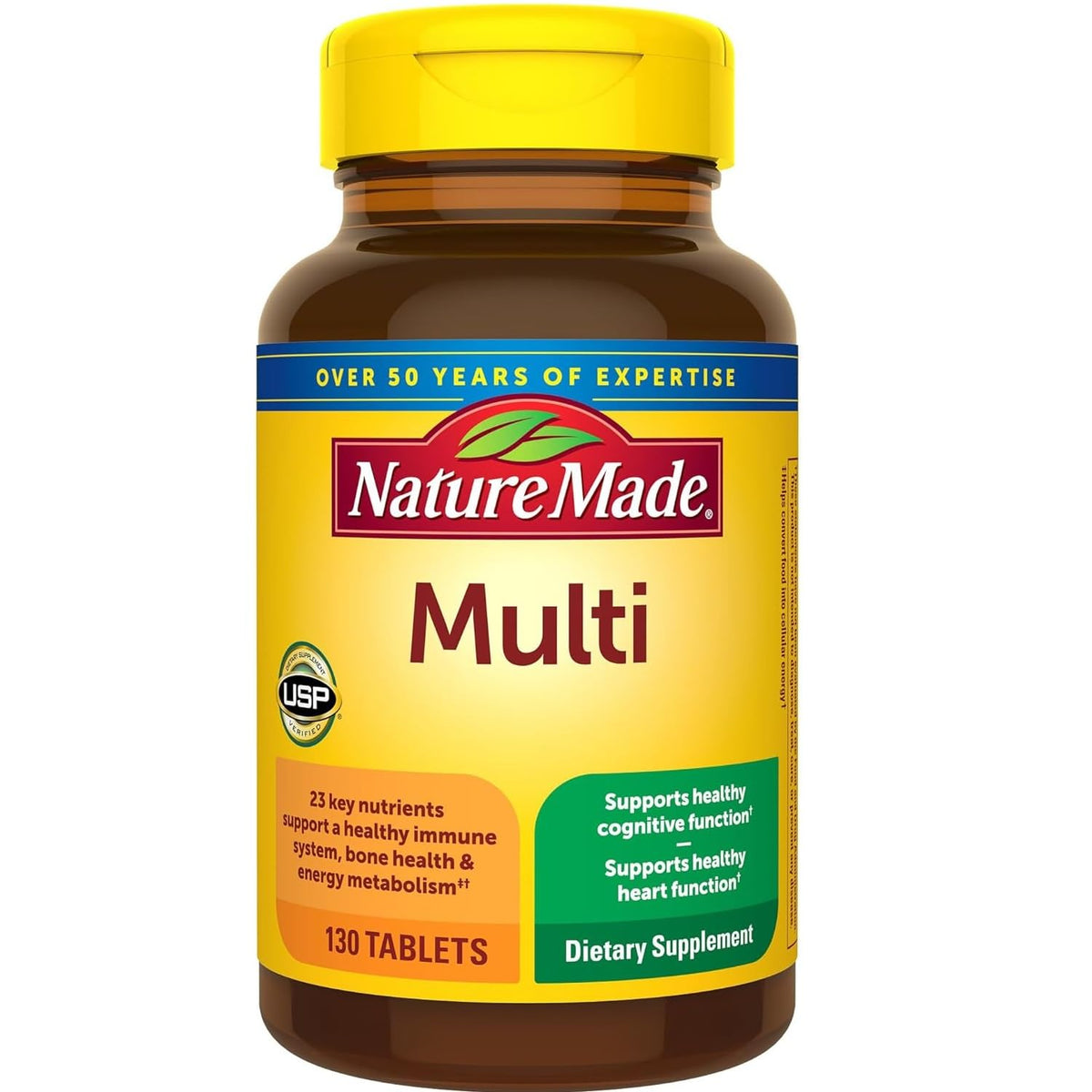Nature Made Multi Complete Tabletas, botella visible, apoyo diario de nutrientes esenciales.