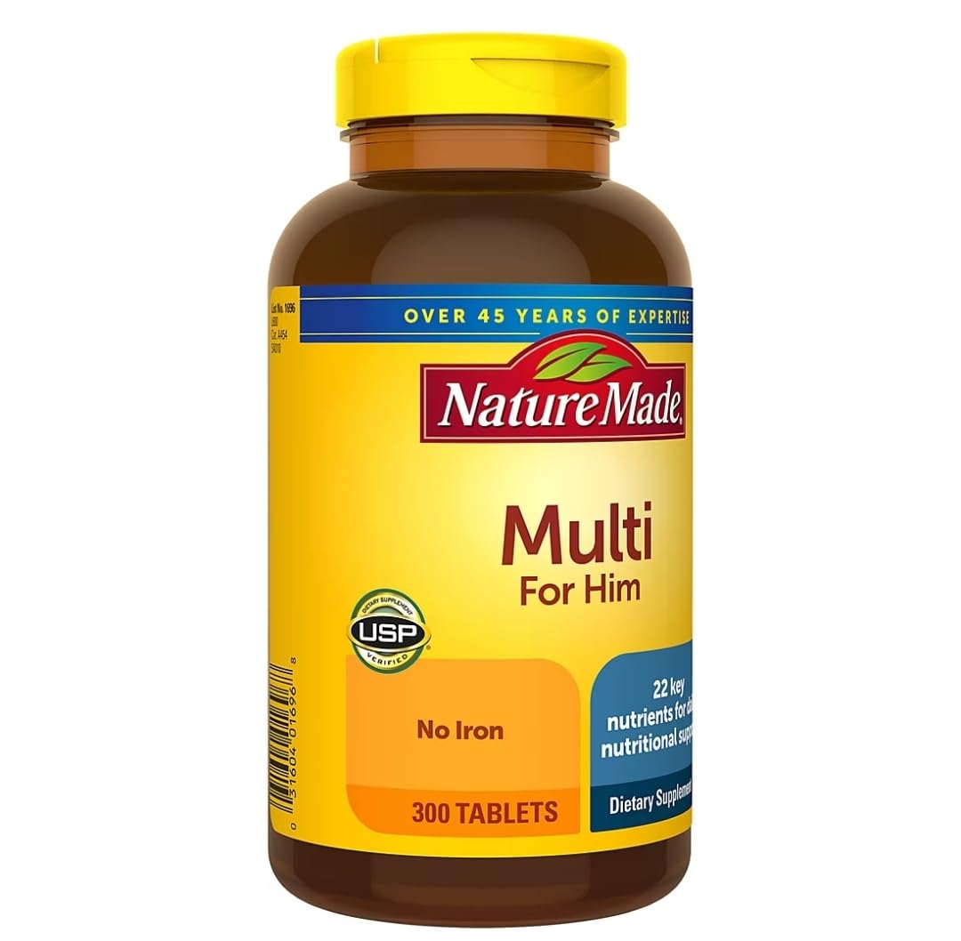 Nature Made Multi para Él, primer plano de tabletas, fórmula para salud general.