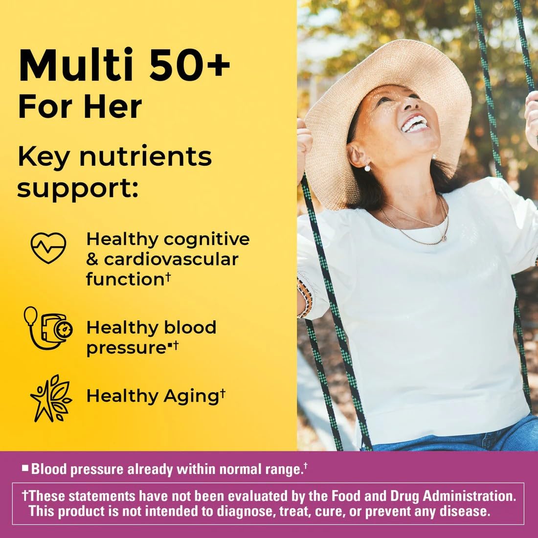Nature Made Multi para Mujer 50+ en una mano, práctico tamaño.
