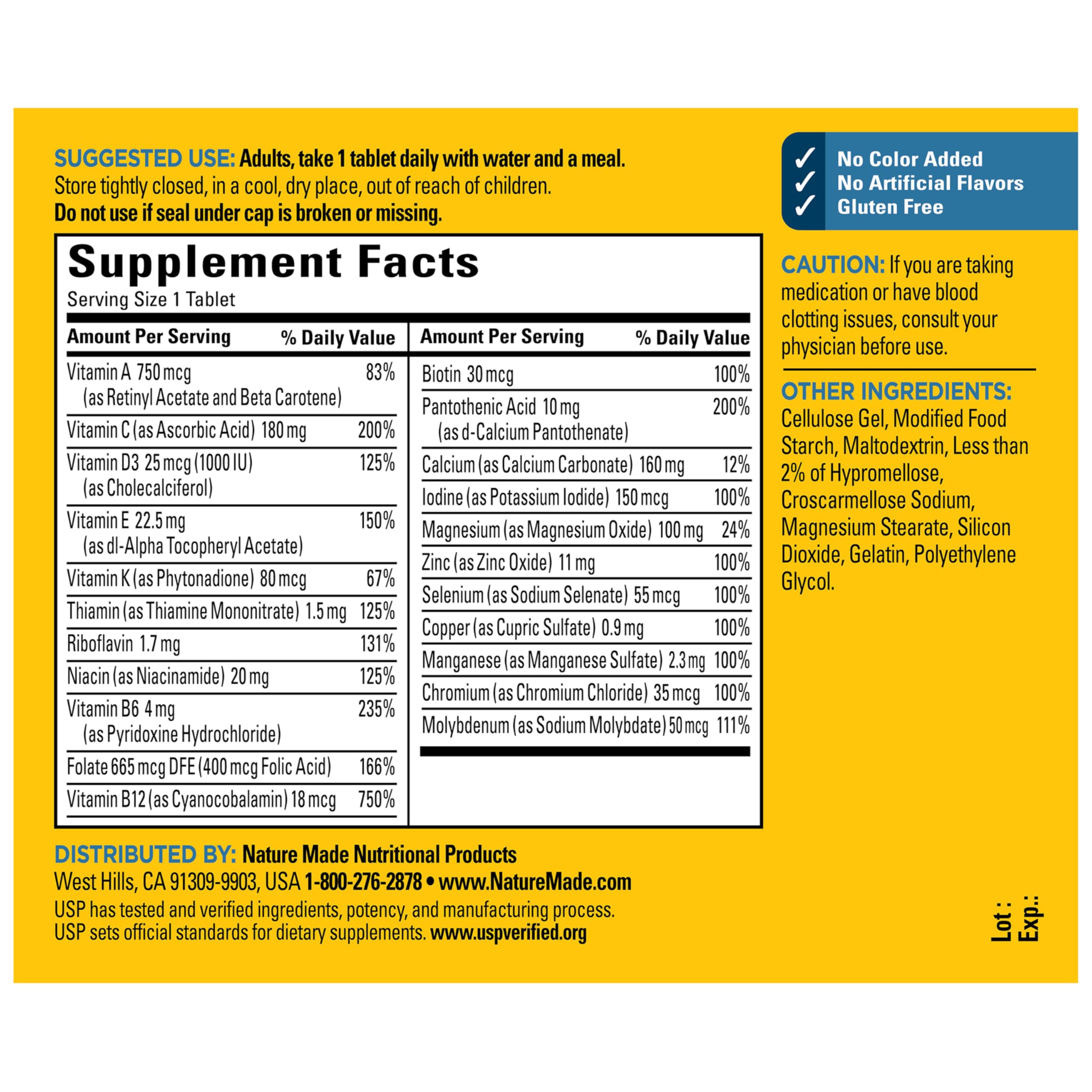 Nature Made Multivitamin para Hombre, certificado USP, calidad asegurada.