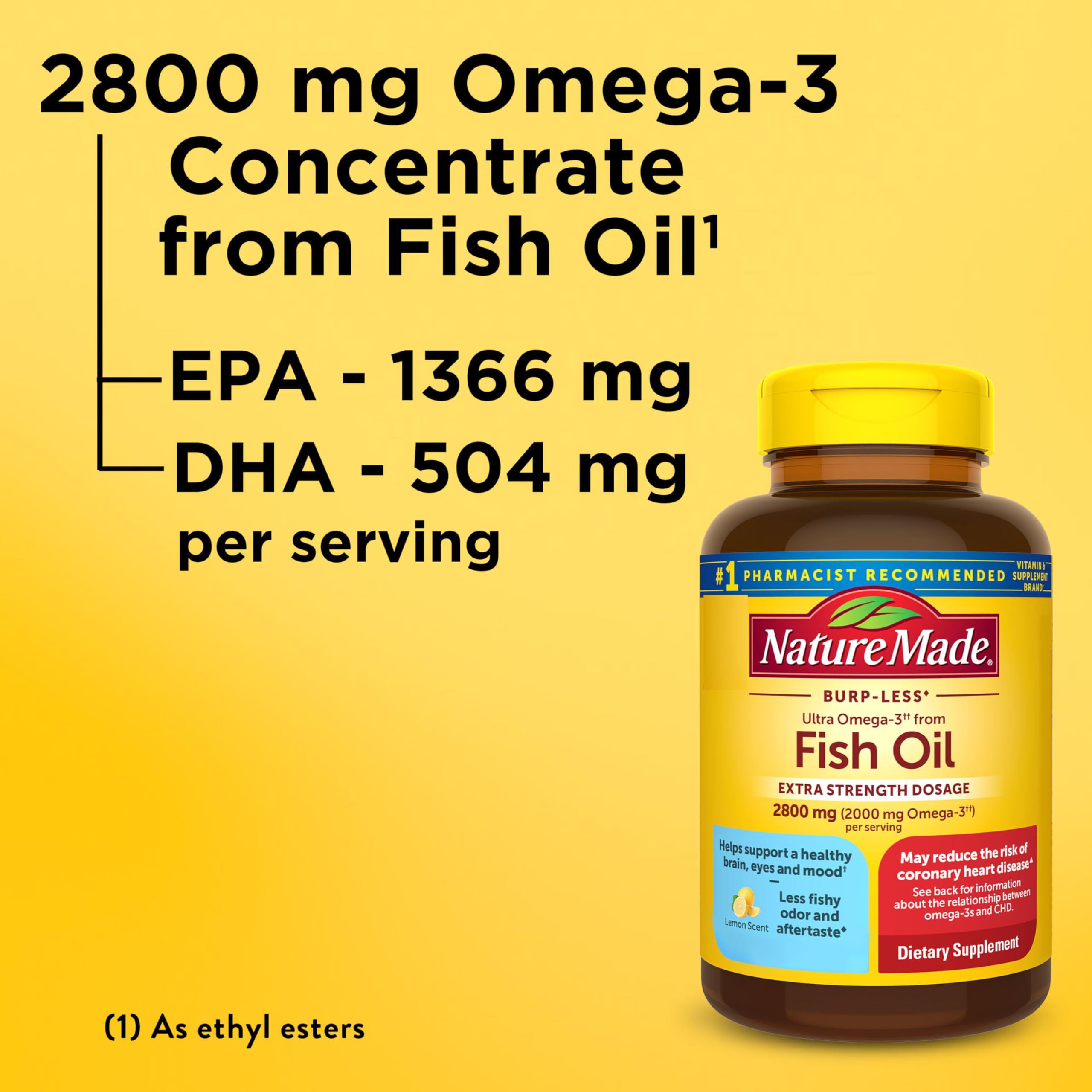 Nature Made Omega-3 cápsulas dentro: dos cápsulas diarias para consumir con comida.