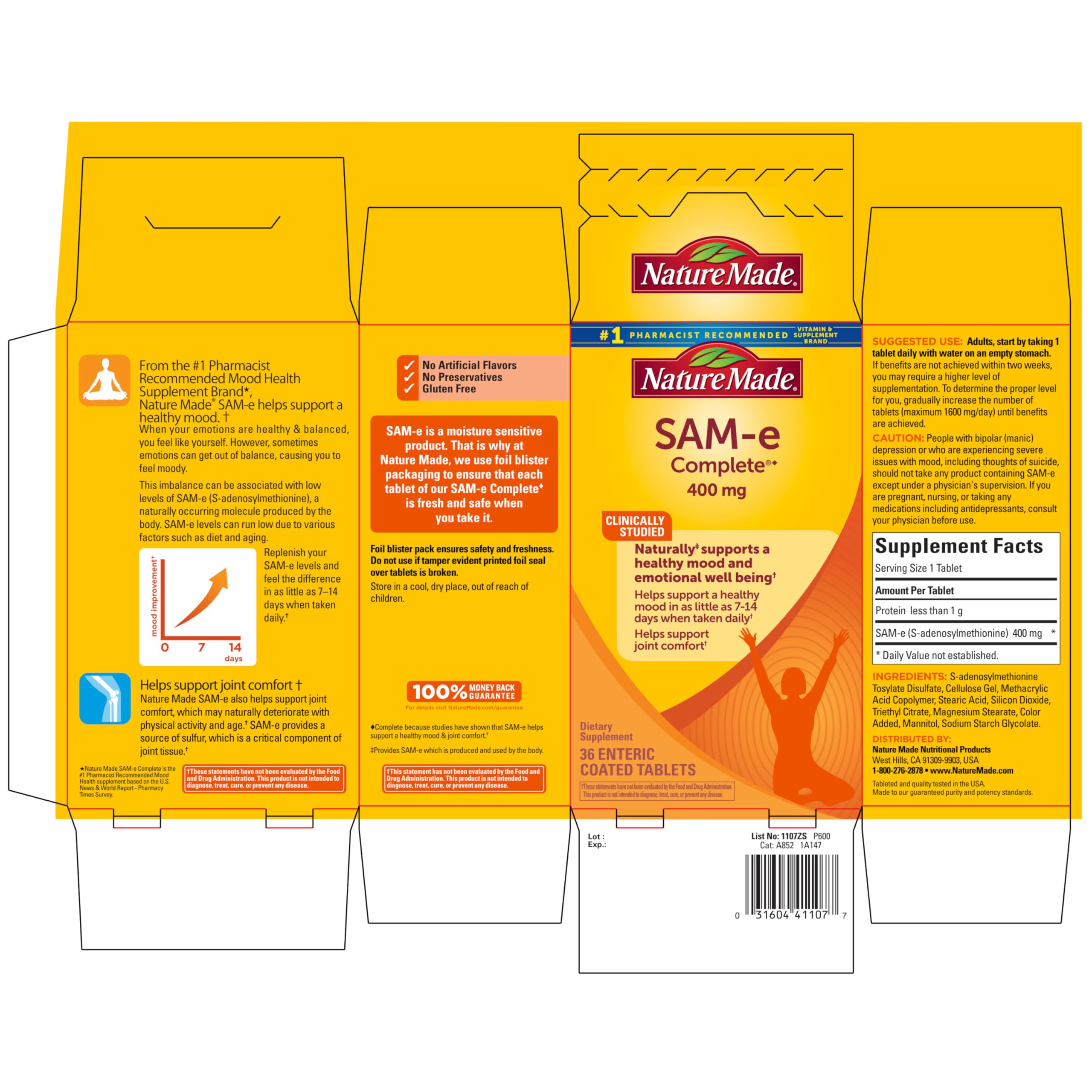 Nature Made SAM-e Complete 400 mg: formato de 36 tabletas para uso diario.