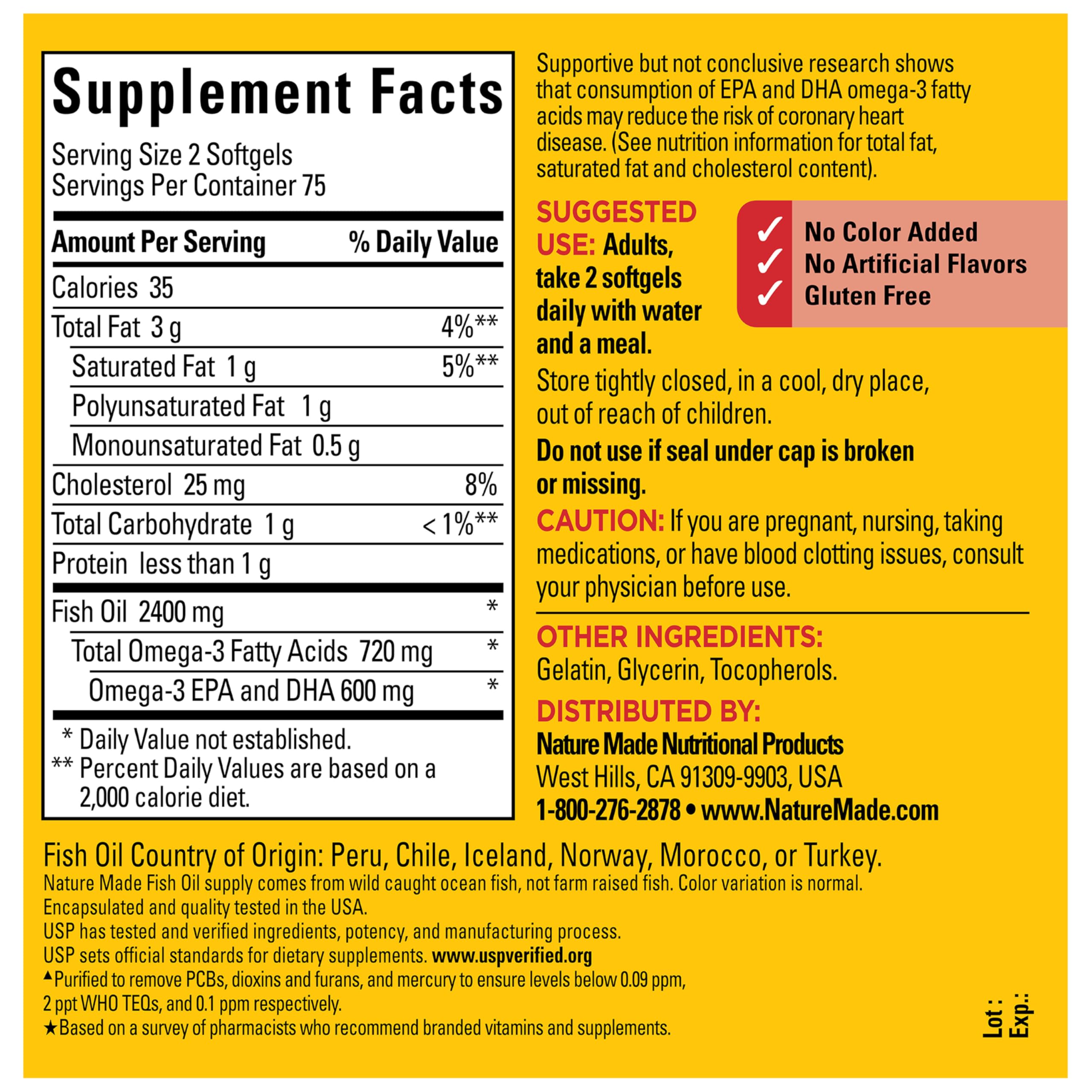 Nature Made Omega-3 sin colorantes artificiales para consumo diario.