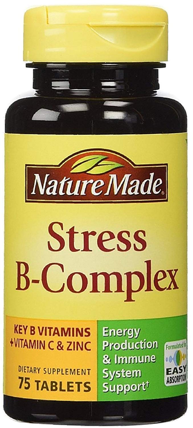 Nature Made Stress B-Complex, tabletas en primer plano, apoyo diario de energía y bienestar.