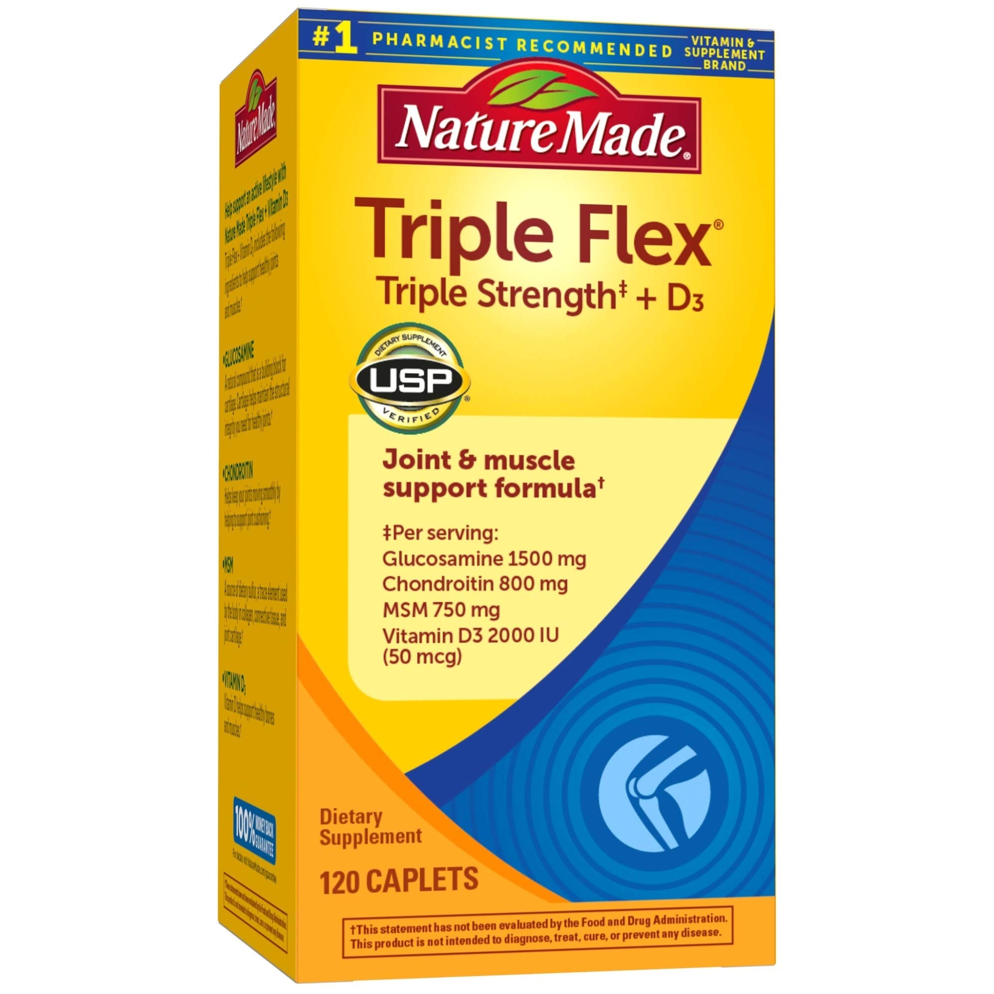 Nature Made TripleFlex Triple Strength, botella visible, apoyo a articulaciones para un estilo de vida activo.