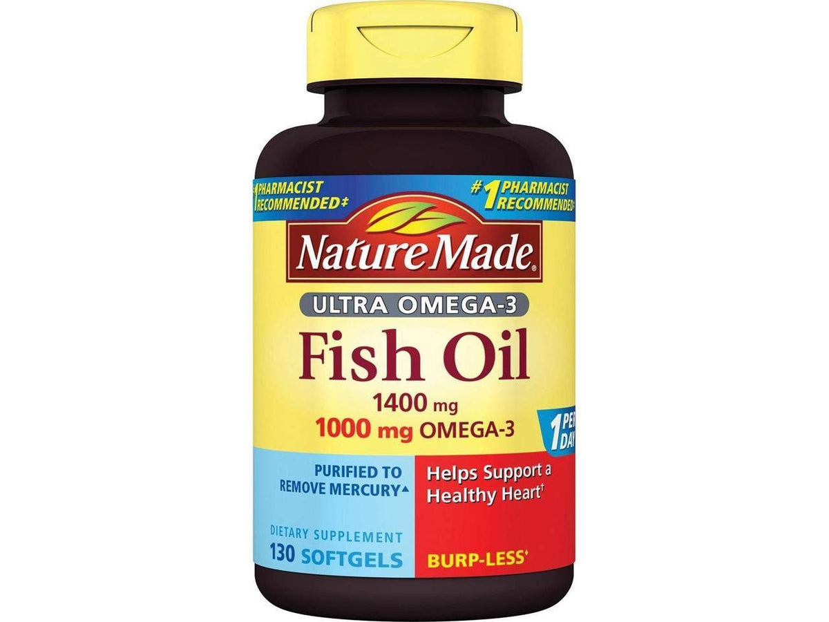Nature Made Ultra Omega-3, cápsulas burpless, envase de 130 cápsulas, ideal para complementar omega-3 diario.