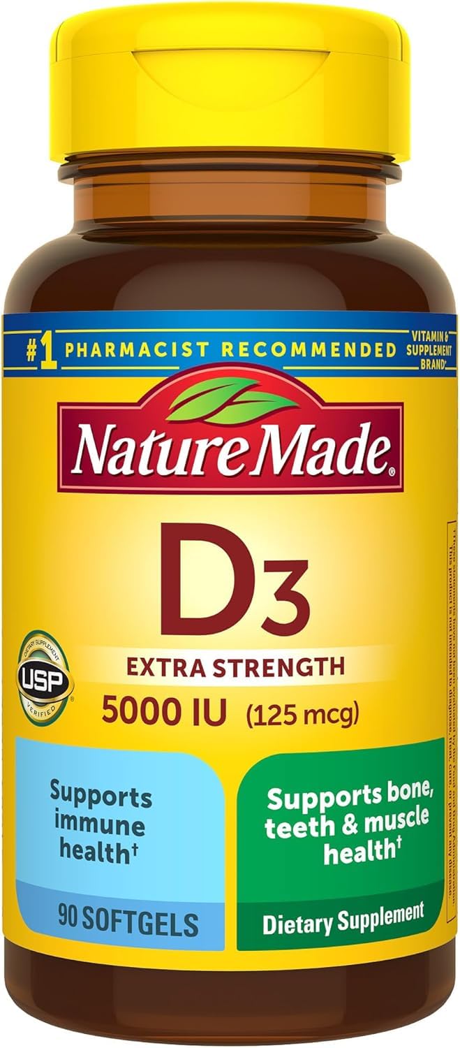 Nature Made Vitamina D3 5000 UI, cápsulas blandas, apoyo para huesos y sistema inmunitario.
