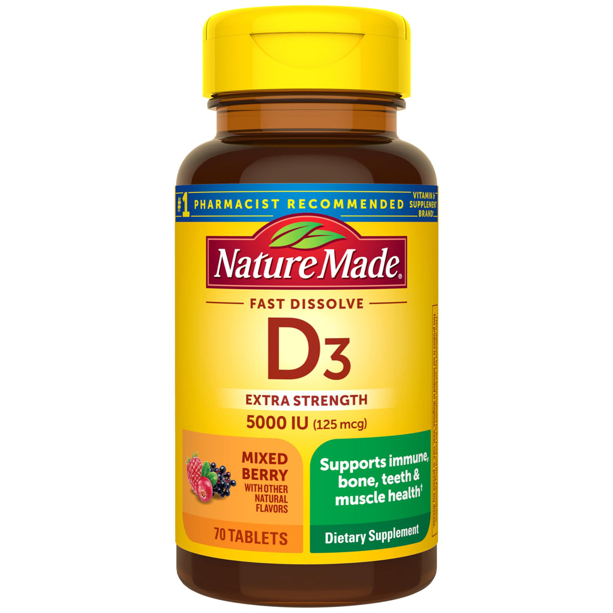Nature Made Vitamina D3 5000 UI, tableta de disolución rápida con aroma a frutos rojos.