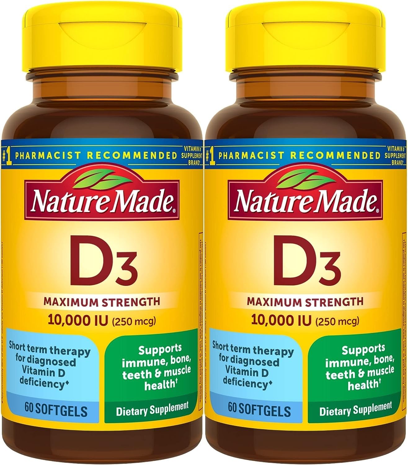 Nature Made Vitamin D3 cápsulas blandas de 10000 UI en botella para uso diario
