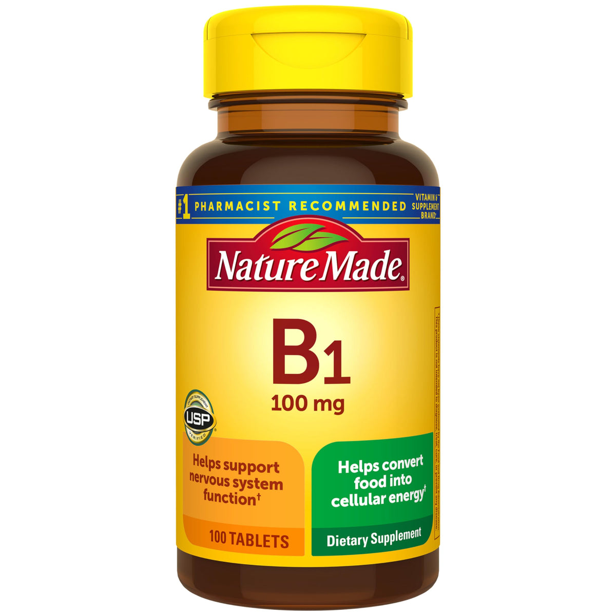 Nature Made Vitamina B1 100 mg en tabletas, posible apoyo al metabolismo energético.
