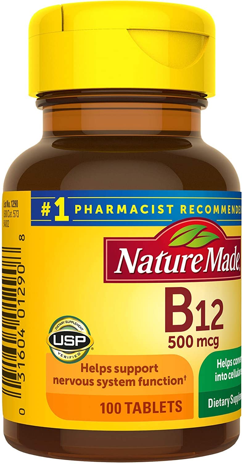 Nature Made Vitamina B12 500 mcg, etiqueta trasera, información clara para uso diario