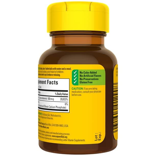 Nature Made Vitamina B12 500 mcg, caja de presentación, opción sin gluten y sin color añadido