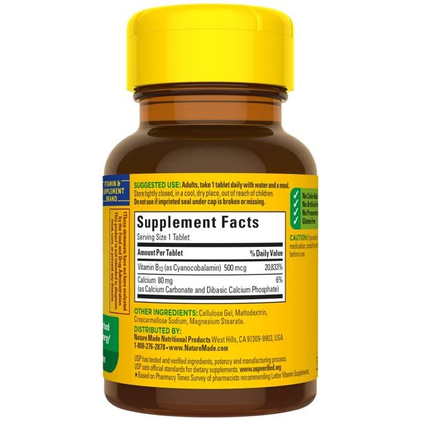 Nature Made Vitamina B12 500 mcg, píldora en agua, consumo conveniente con comida