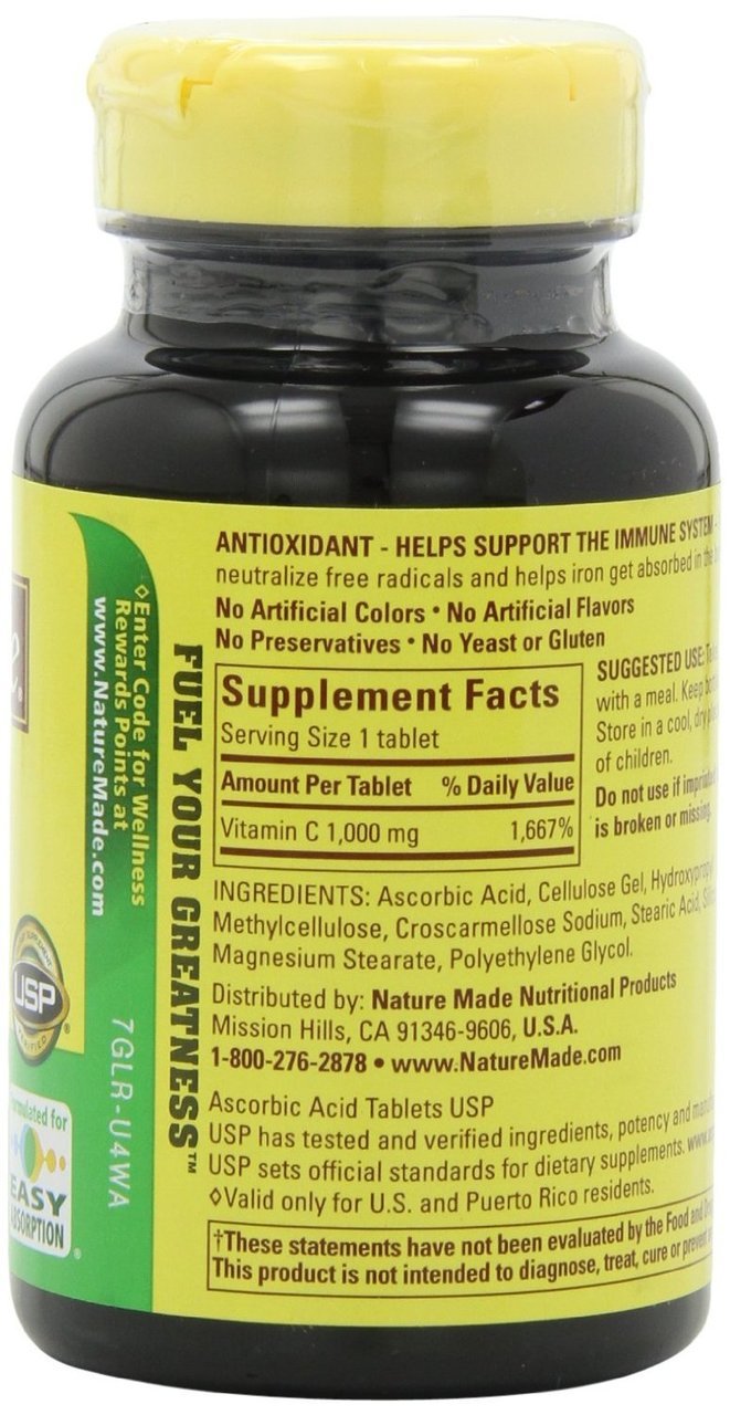 Nature Made Vitamina C 1000 mg, dorso de la caja, antioxidante para el día a día.