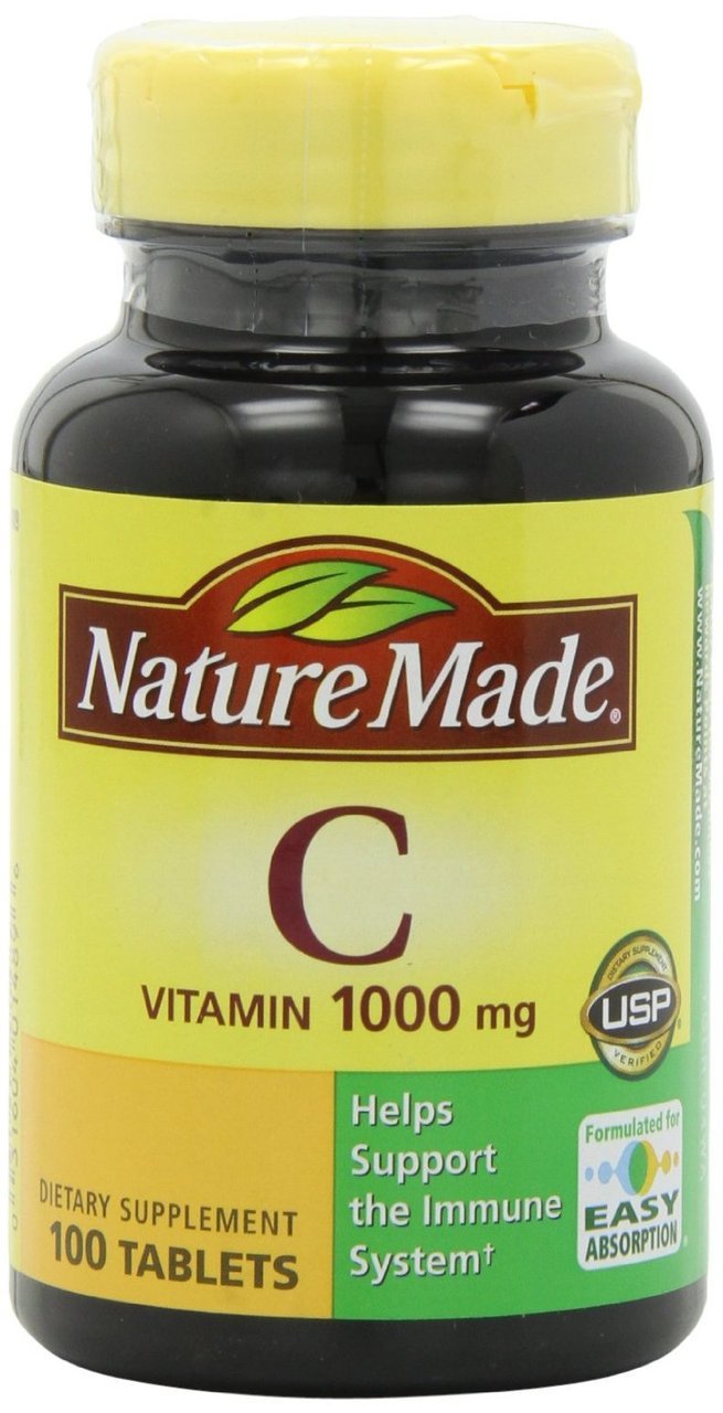 Nature Made Vitamina C 1000 mg, frente de la caja, apoyo al sistema inmune diario.