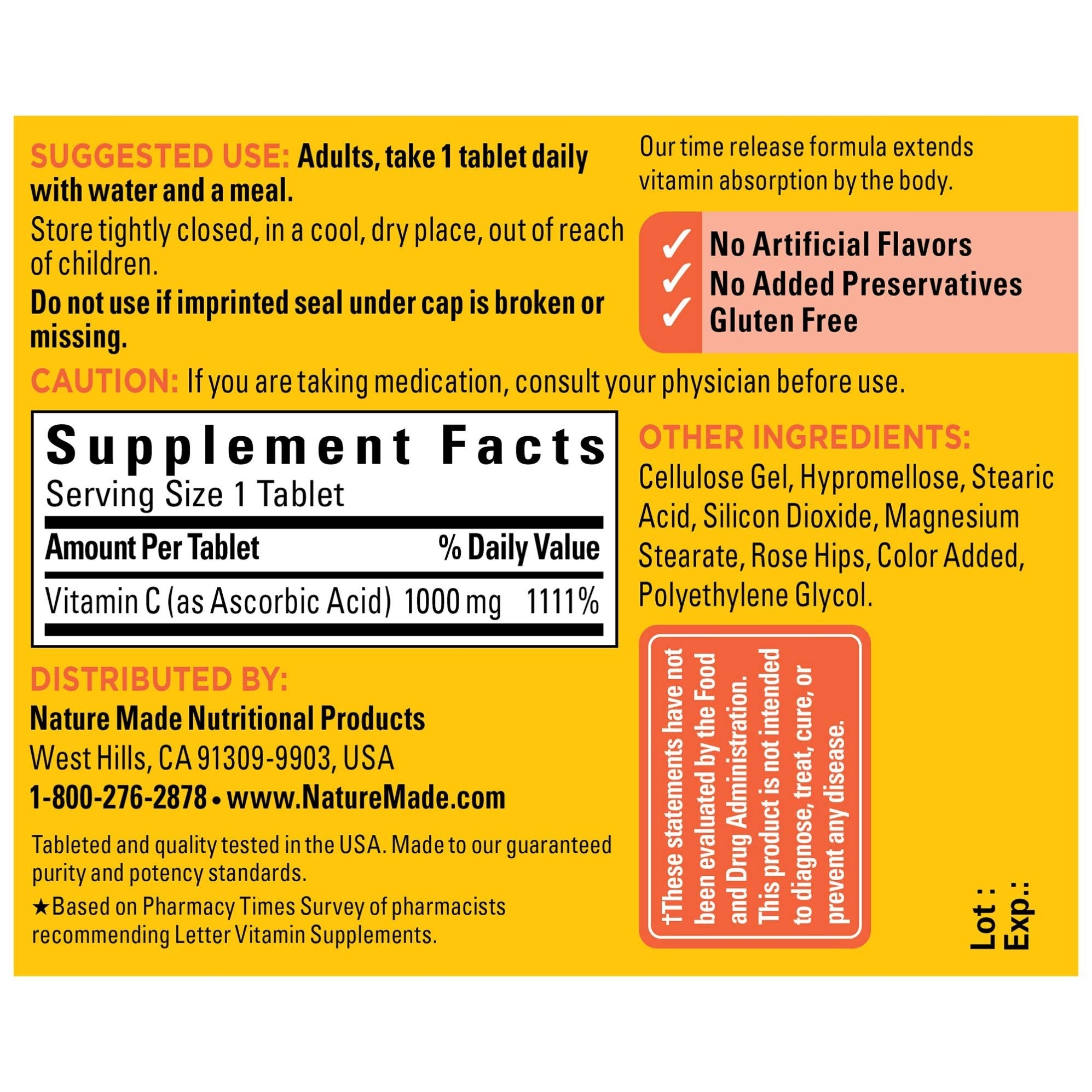 Nature Made Vitamina C 1000 mg con rosas mosqueta, tabletas para uso diario.