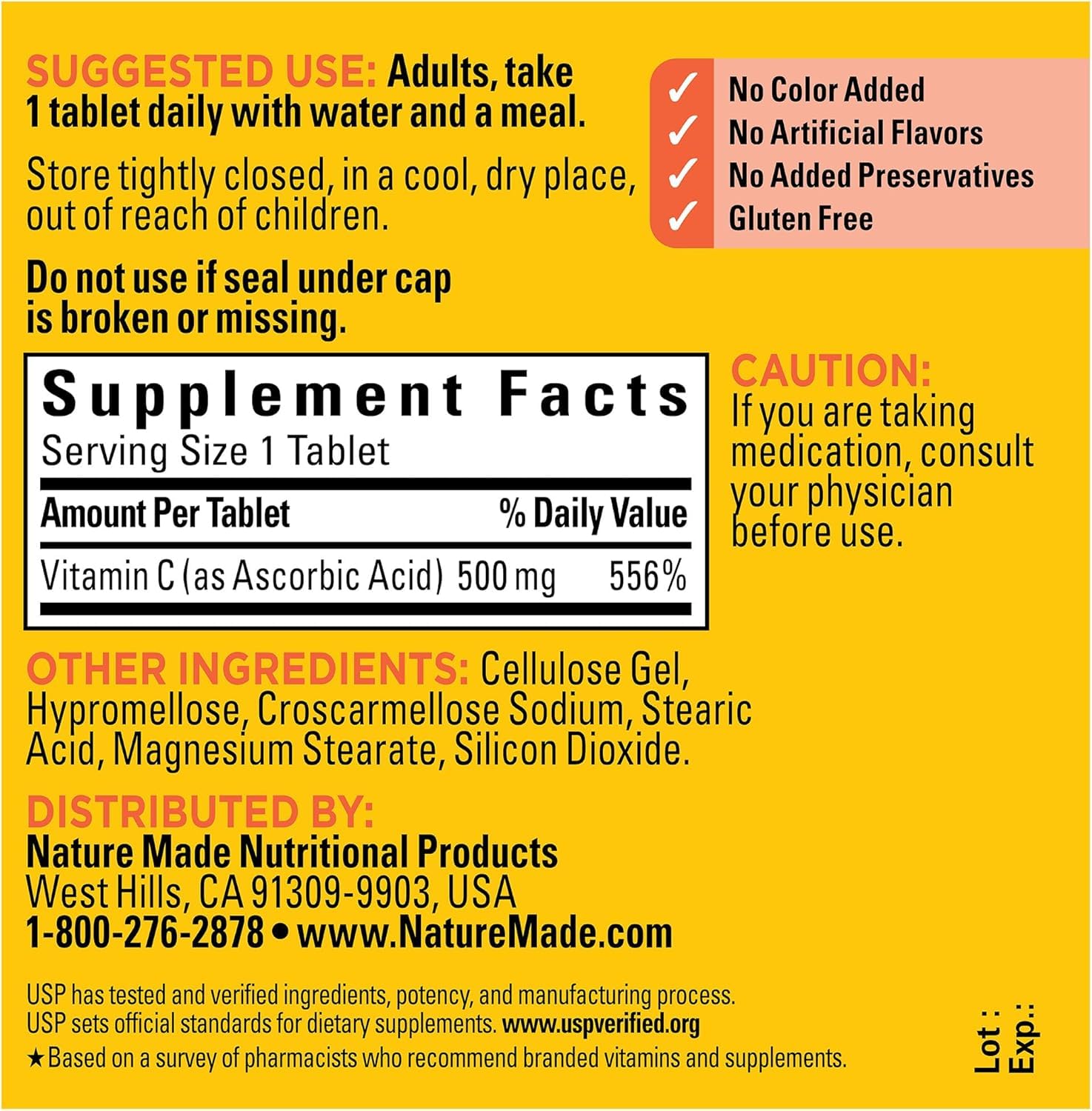 Nature Made Vitamina C cápsulas, etiqueta frontal que destaca 500 mg para uso diario.