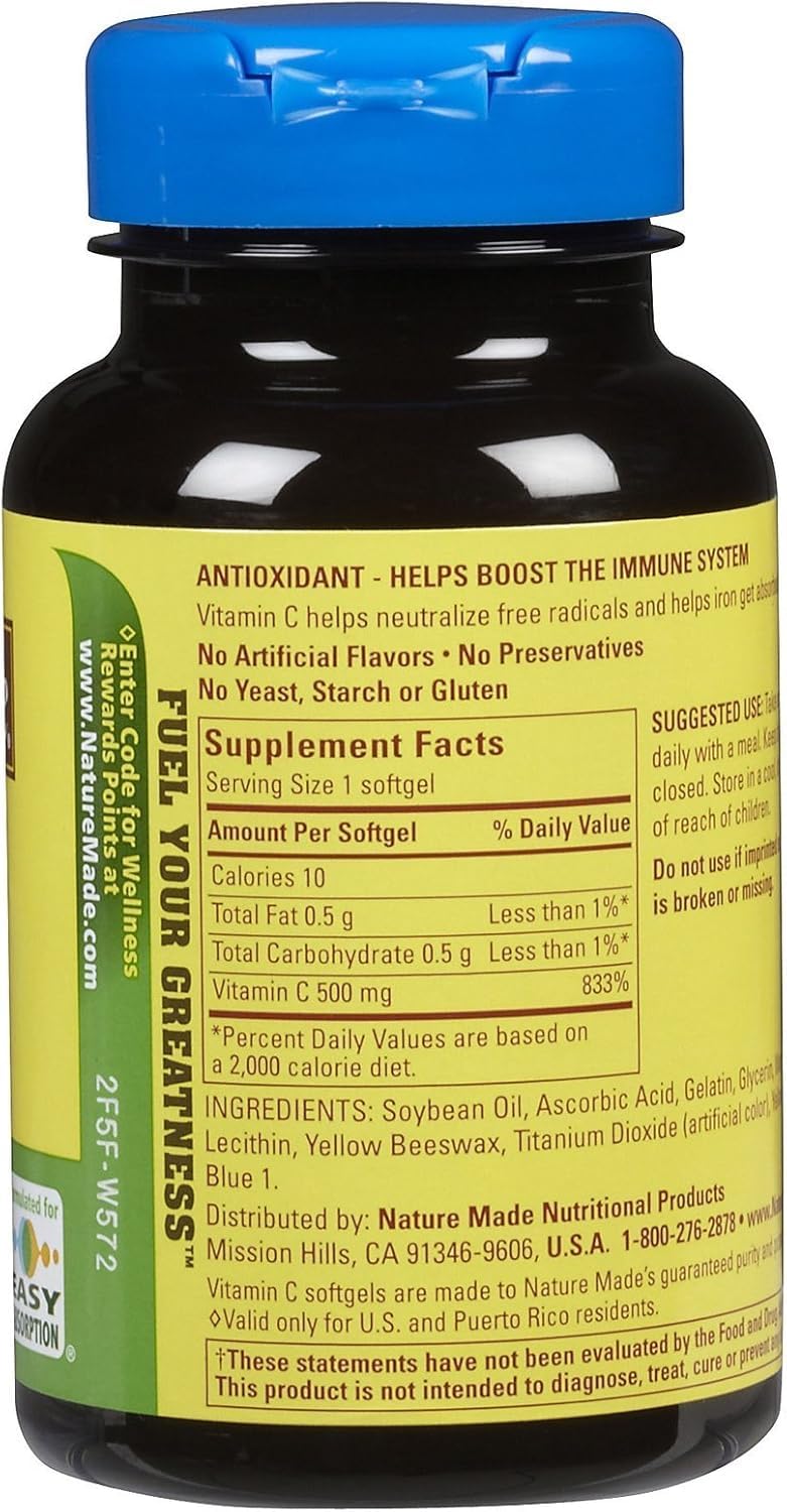 Nature Made Vitamina C 500 mg cápsulas blandas, paquete de 2, apoyo diario al sistema inmune.
