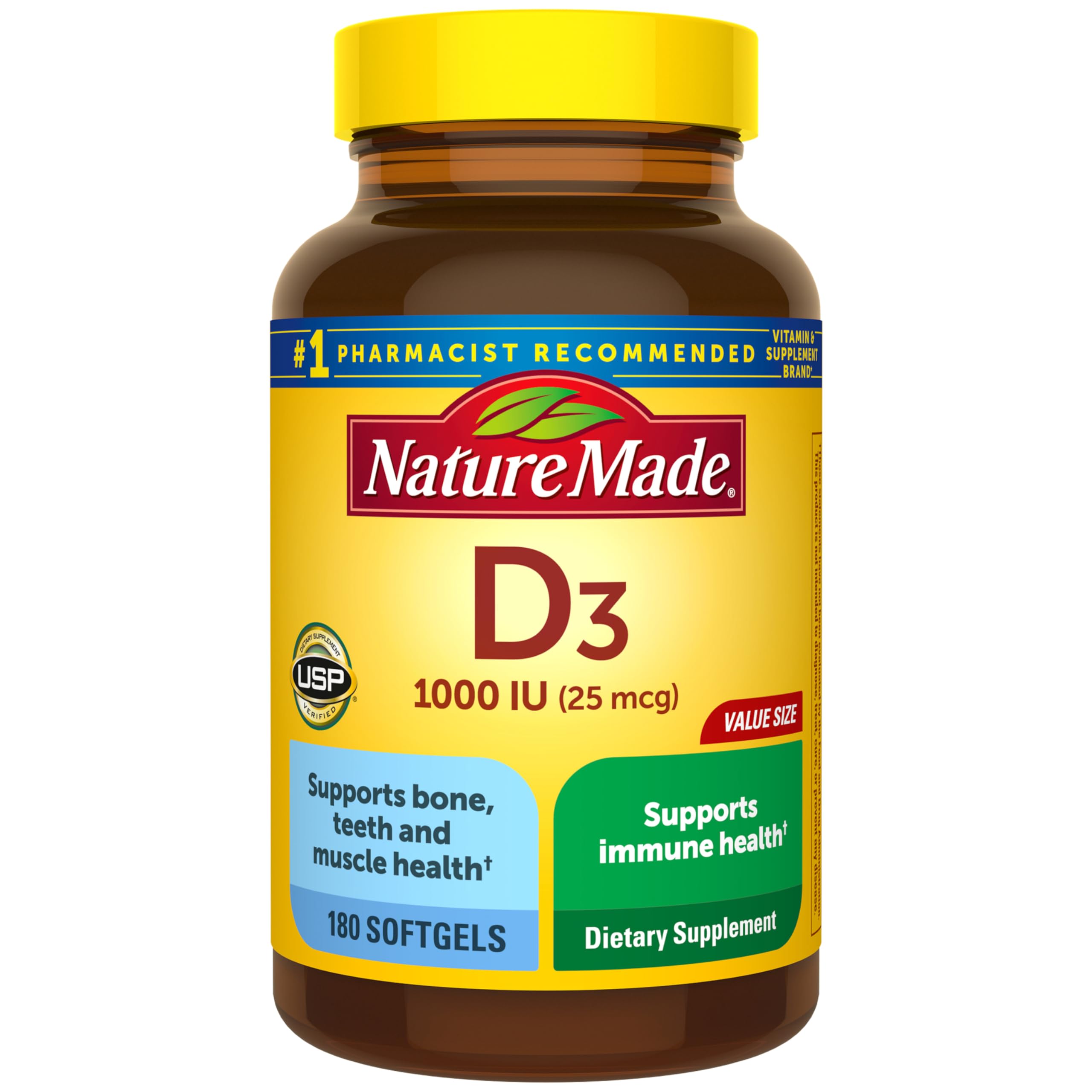 Nature Made Vitamina D3 1000 UI: botella con cápsulas para uso diario