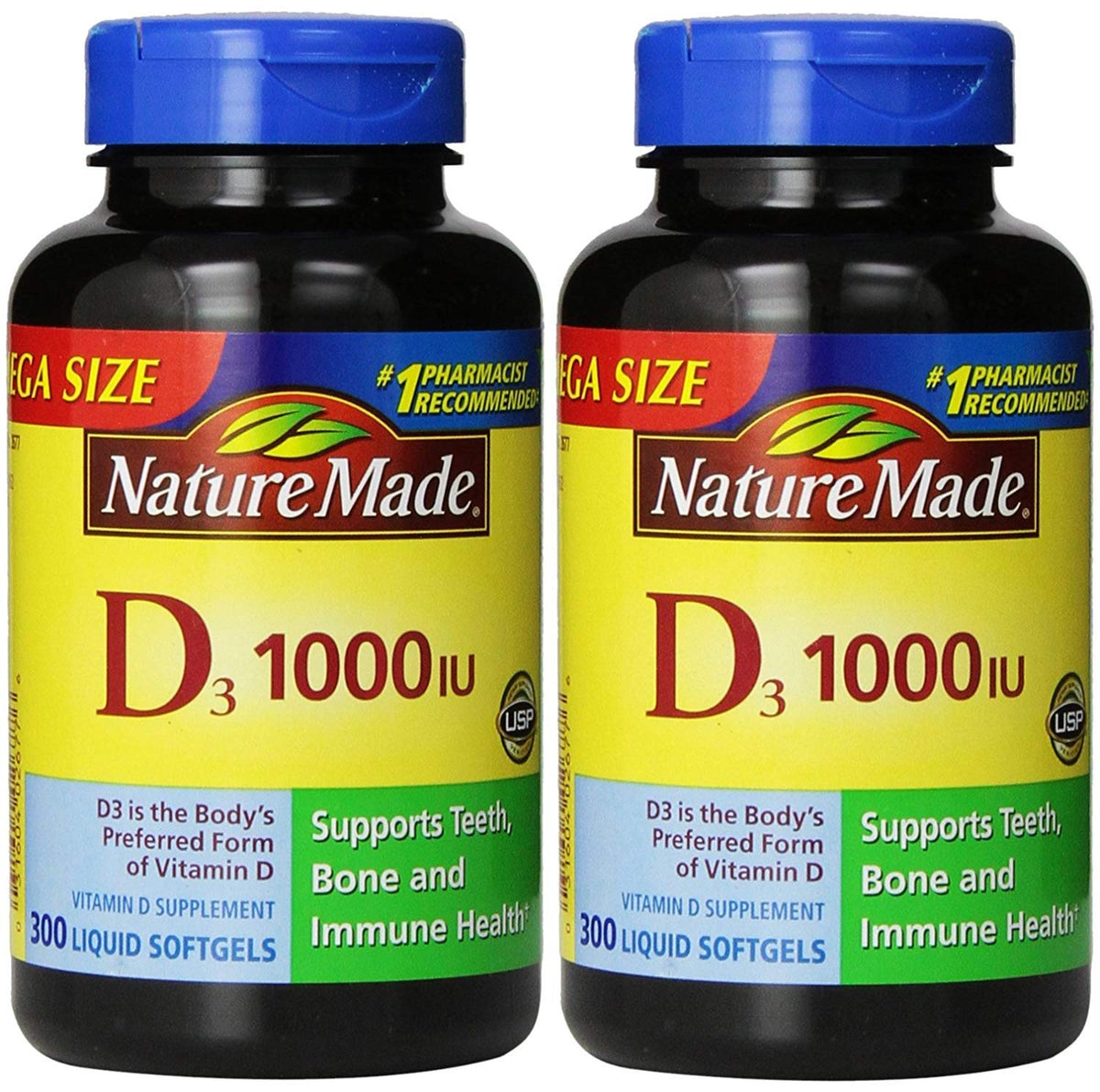Nature Made Vitamina D3 1000 UI, cápsulas blandas en botella, útiles para uso diario.